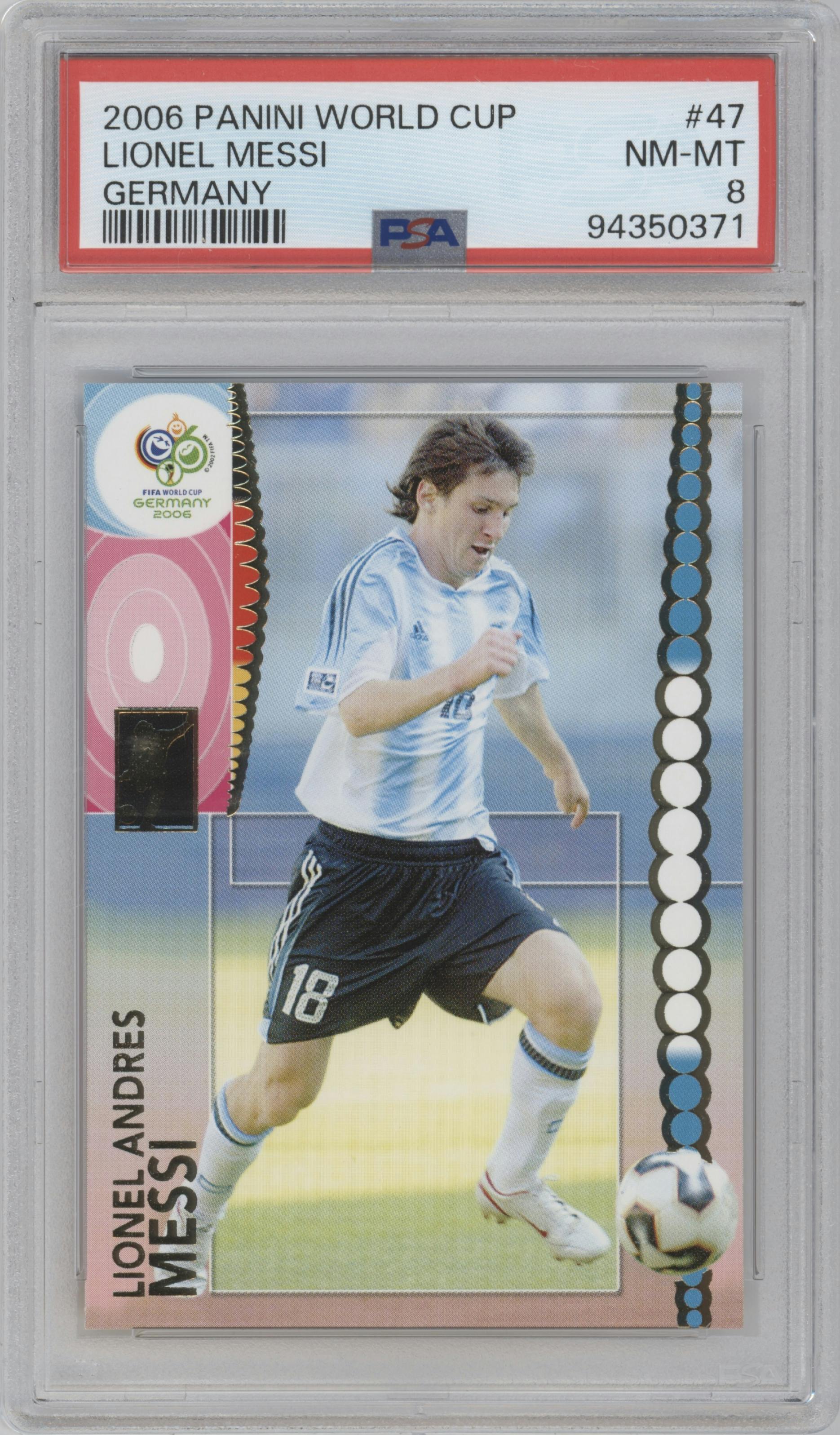 Lionel Messi from the 2006 Panini World Cup set graded by PSA and given an overall grade of 8.