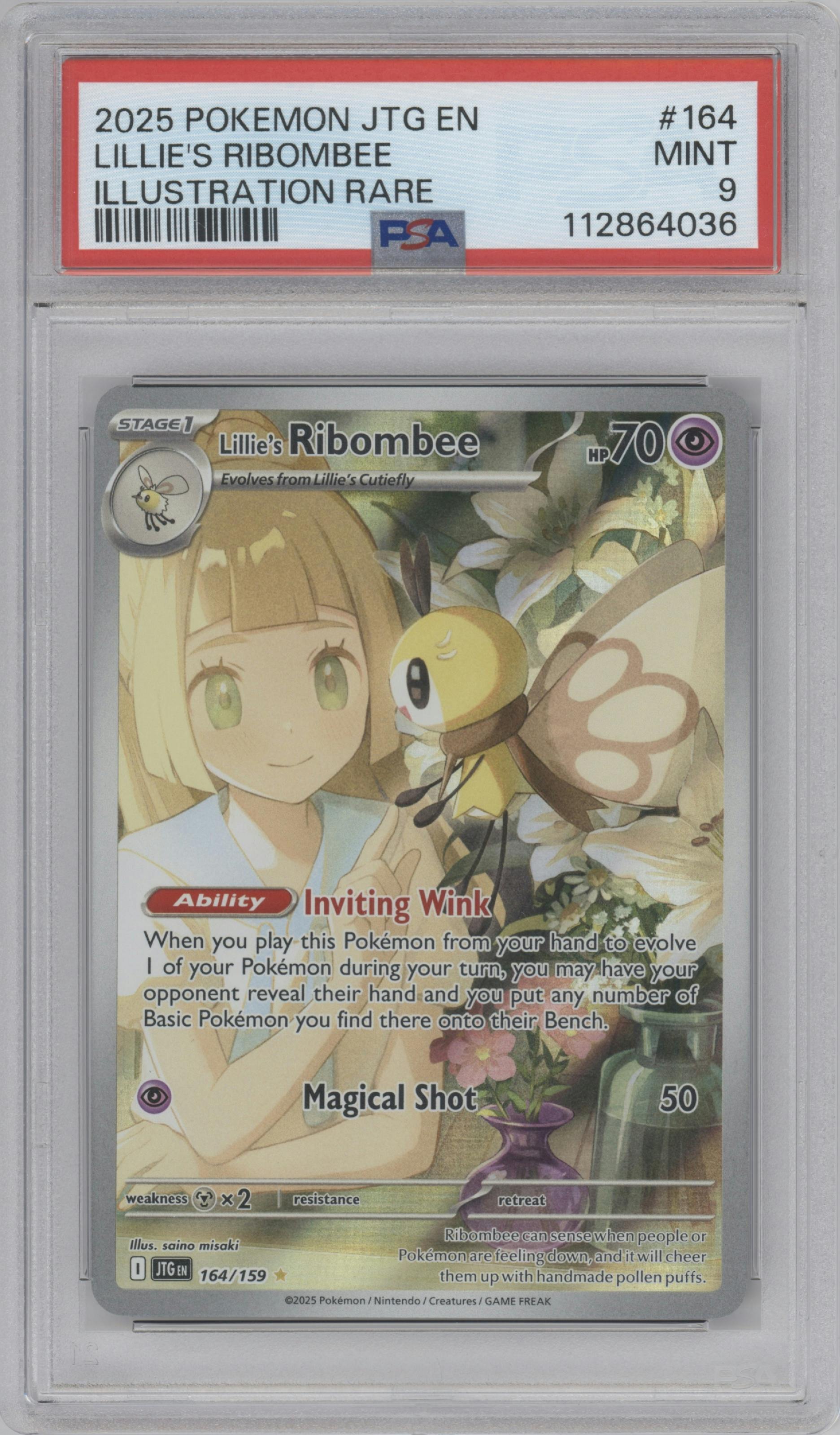 Lillie's Ribombee from the 2025 Pokemon SV set graded by PSA and given an overall grade of 9.