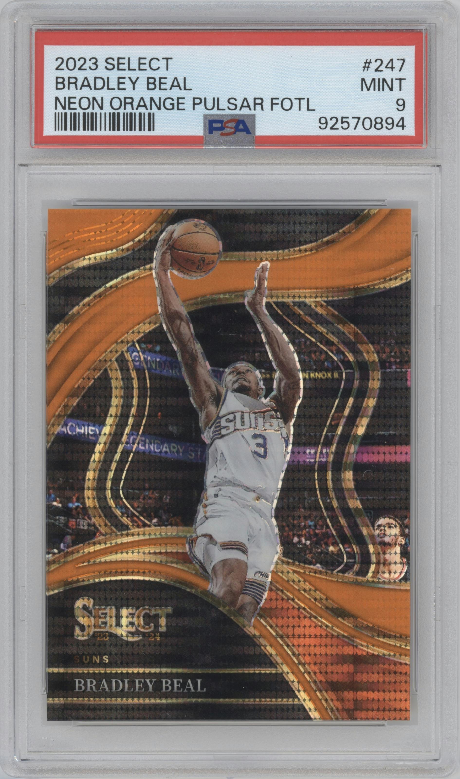 Bradley Beal from the 2023-24 Panini Select  set featuring a Neon Orange Pulsar parallel graded by PSA and given an overall grade of 9.