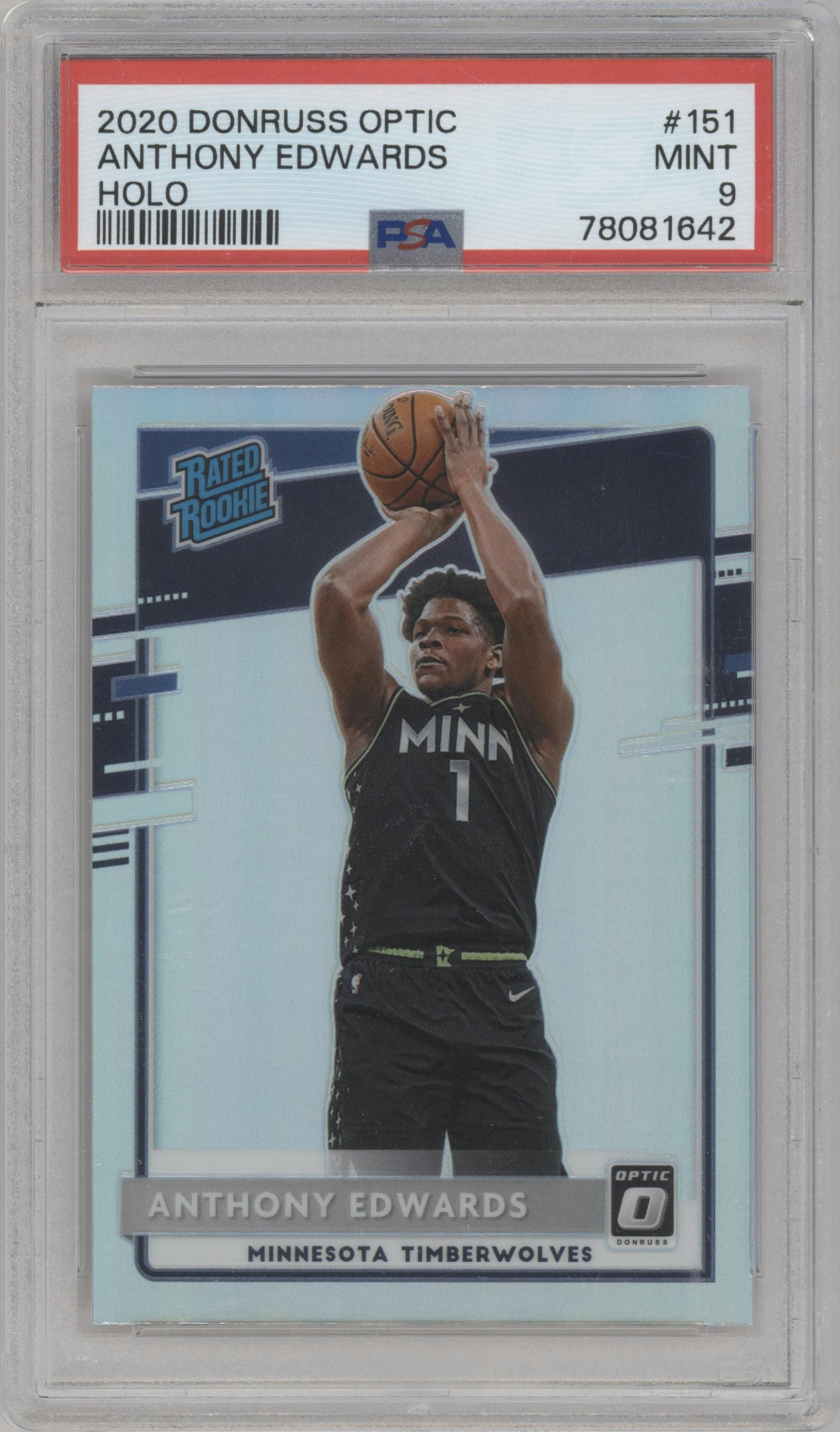 Anthony Edwards from the 2020-21 Panini Donruss Optic set featuring a Holo parallel graded by PSA and given an overall grade of 9.