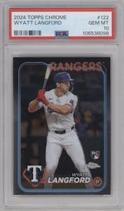 Wyatt Langford from the 2024 Topps Chrome set graded by PSA and given an overall grade of 10.