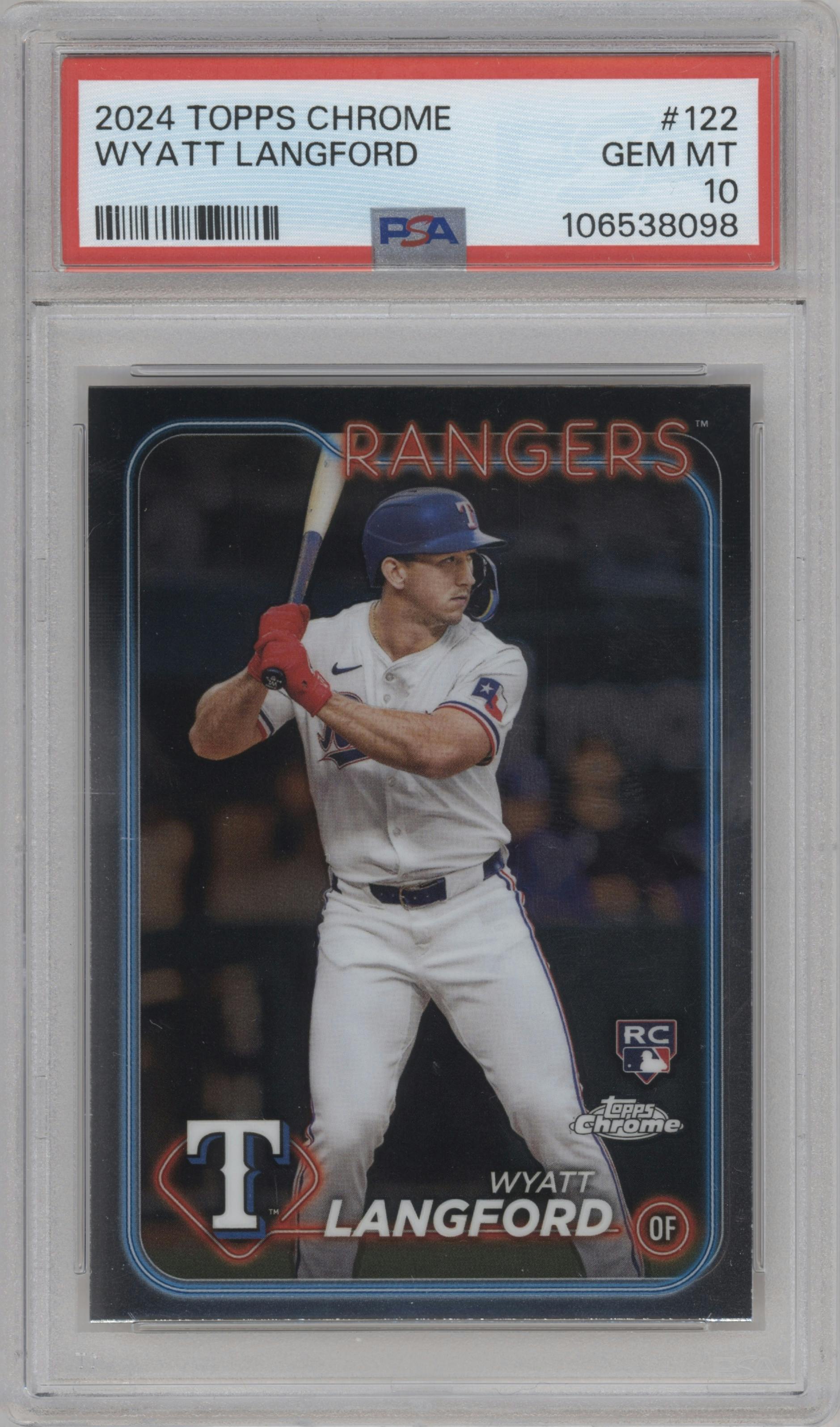 Wyatt Langford from the 2024 Topps Chrome set graded by PSA and given an overall grade of 10.