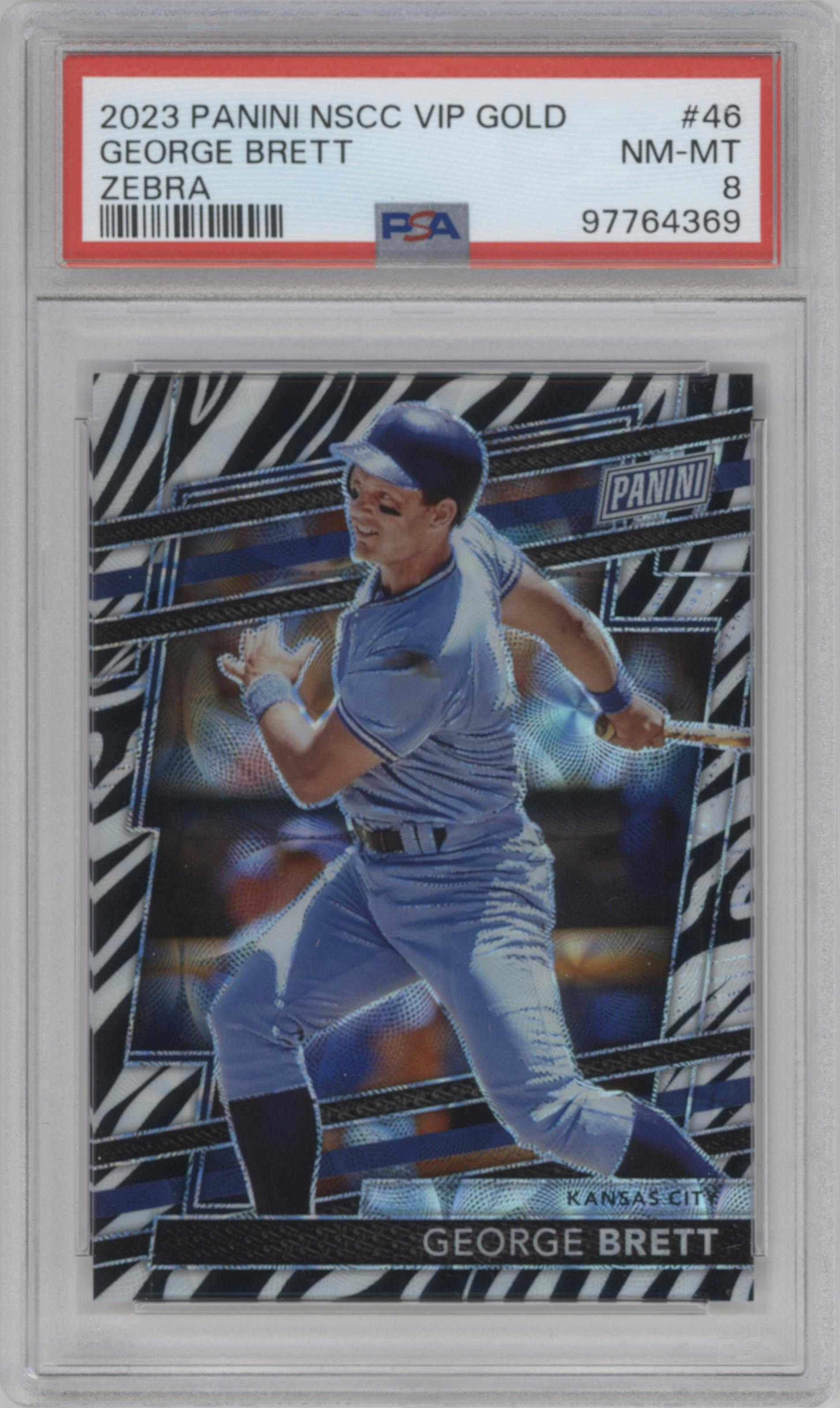 George Brett from the 2024 Panini The National VIP set featuring a Zebra parallel graded by PSA and given an overall grade of 8.