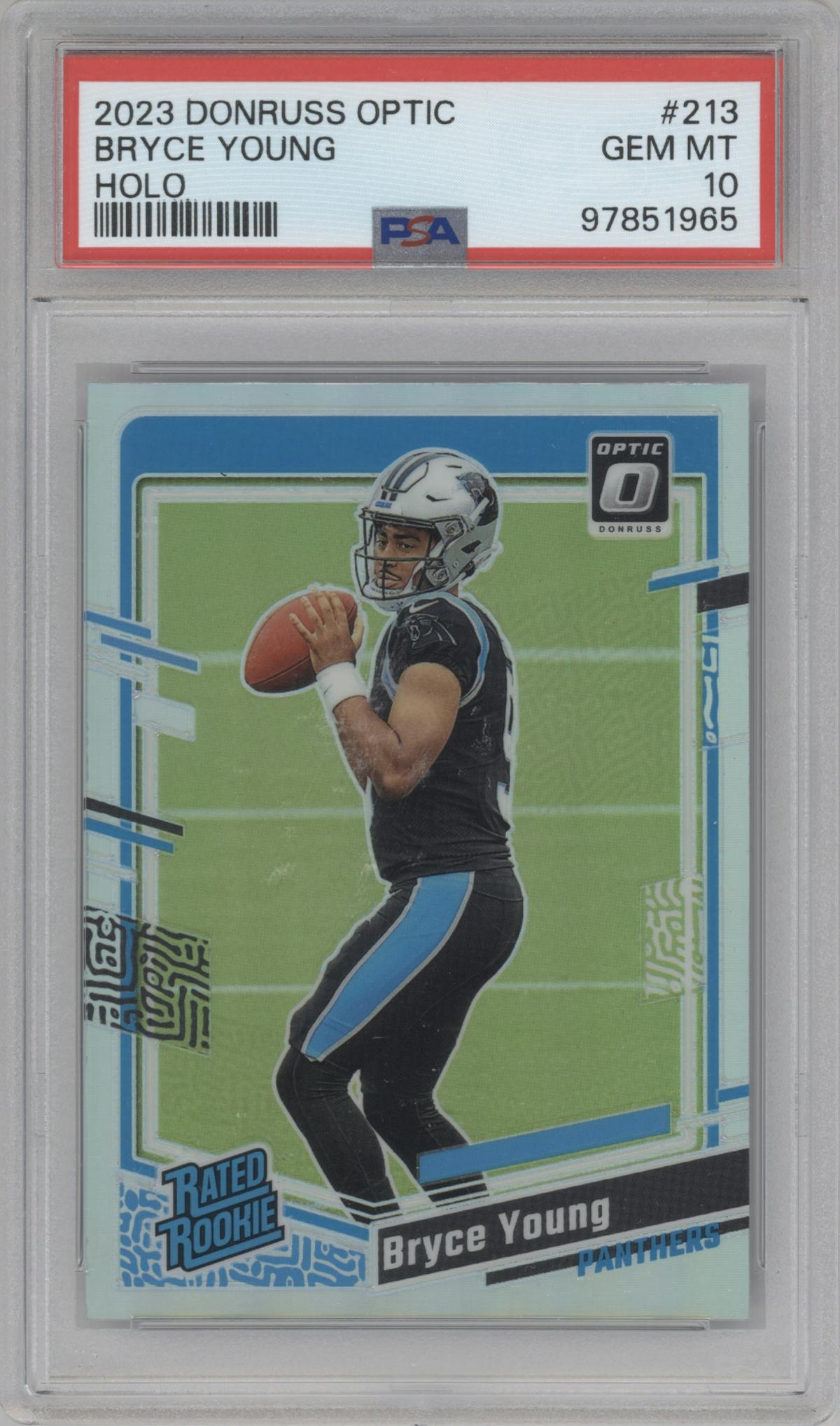 Bryce Young from the 2023 Donruss Optic set featuring a Holo parallel graded by PSA and given an overall grade of 10.