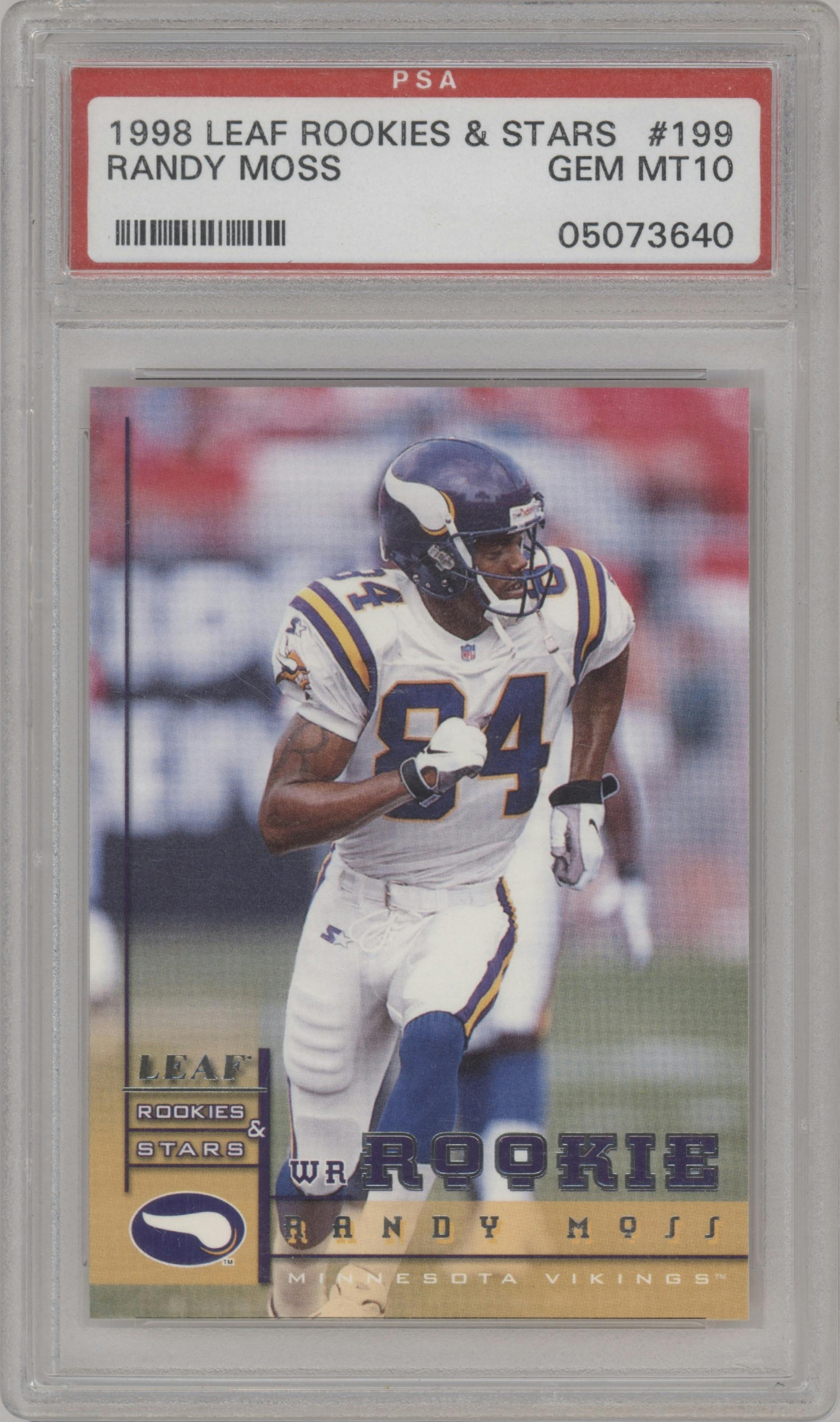 Randy Moss from the 1998 Leaf Rookies & Stars set graded by PSA and given an overall grade of 10.