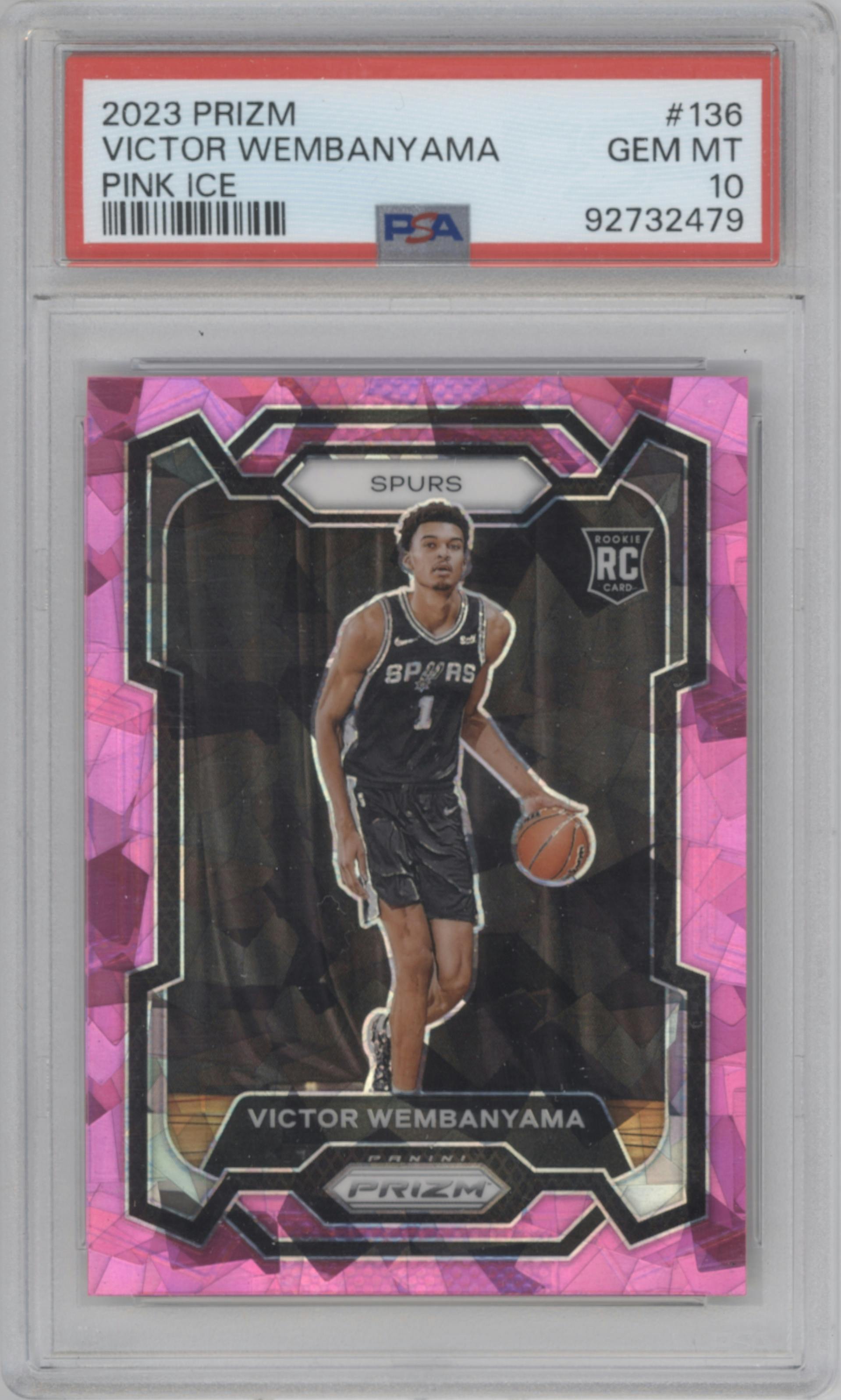 Victor Wembanyama from the 2023-24 Panini Prizm set featuring a Pink Ice parallel graded by PSA and given an overall grade of 10.