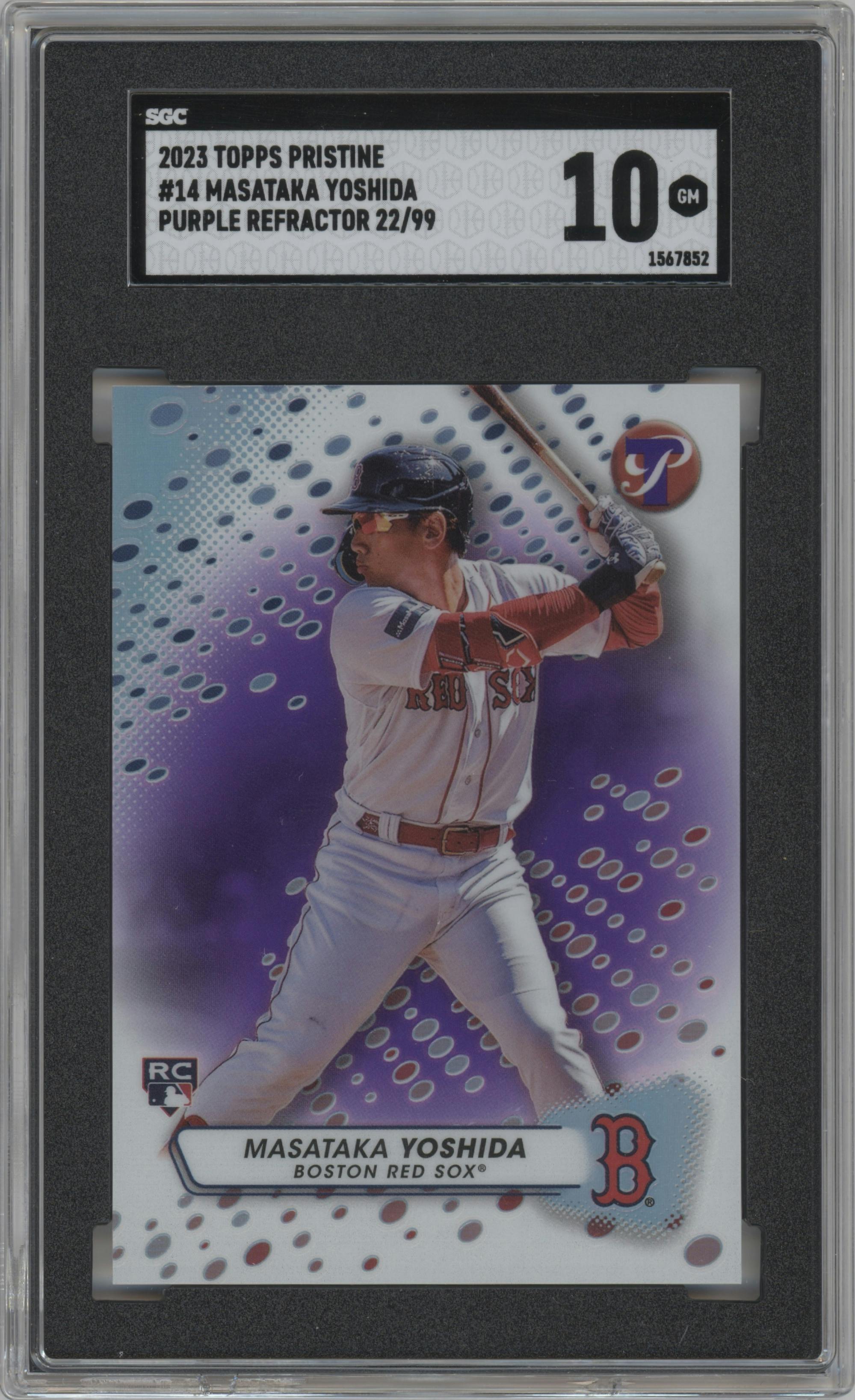 Masataka Yoshida from the 2023 Topps Pristine set featuring a Purple Refractor parallel graded by SGC and given an overall grade of 10.