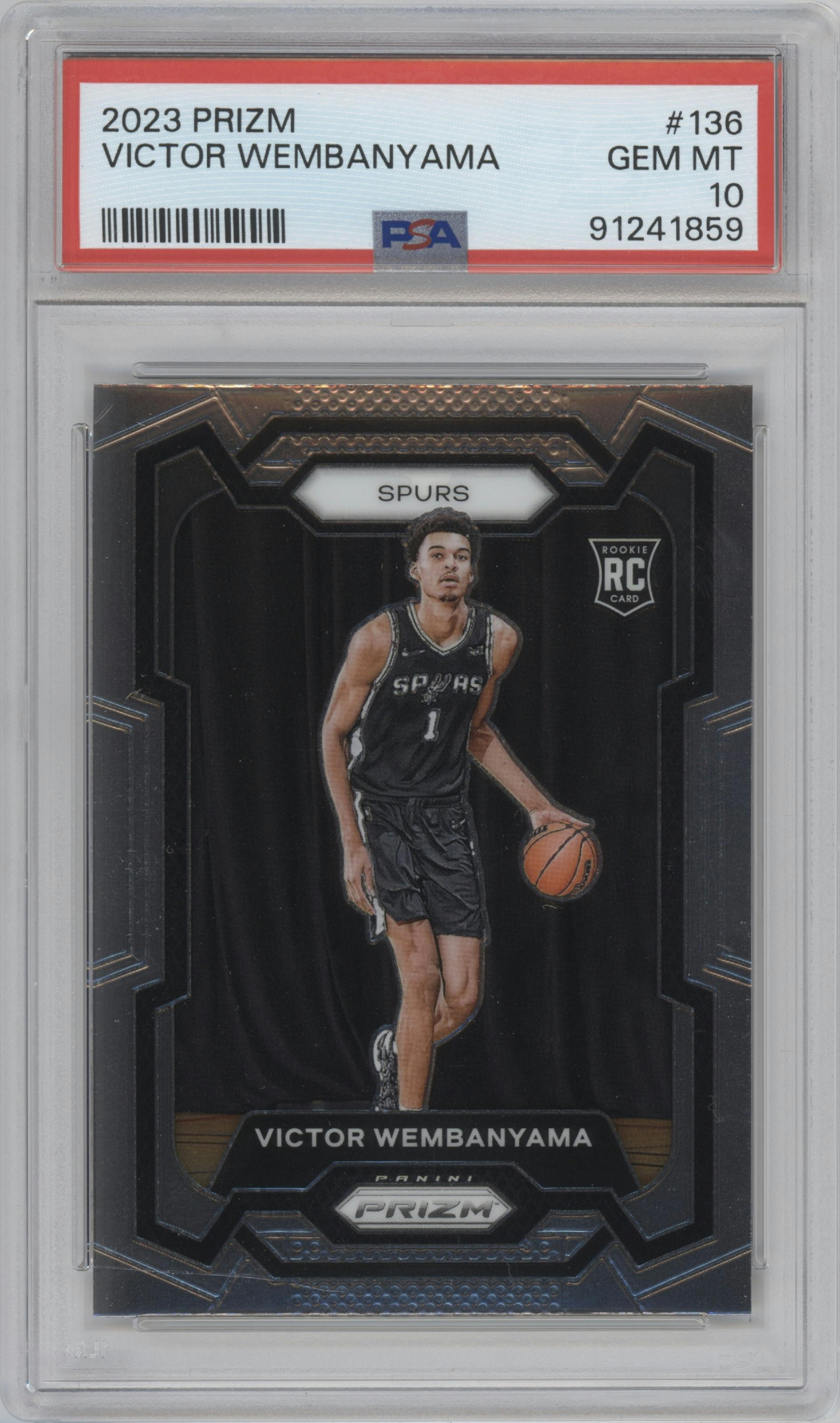 Victor Wembanyama from the 2023-24 Panini Prizm set graded by PSA and given an overall grade of 10.