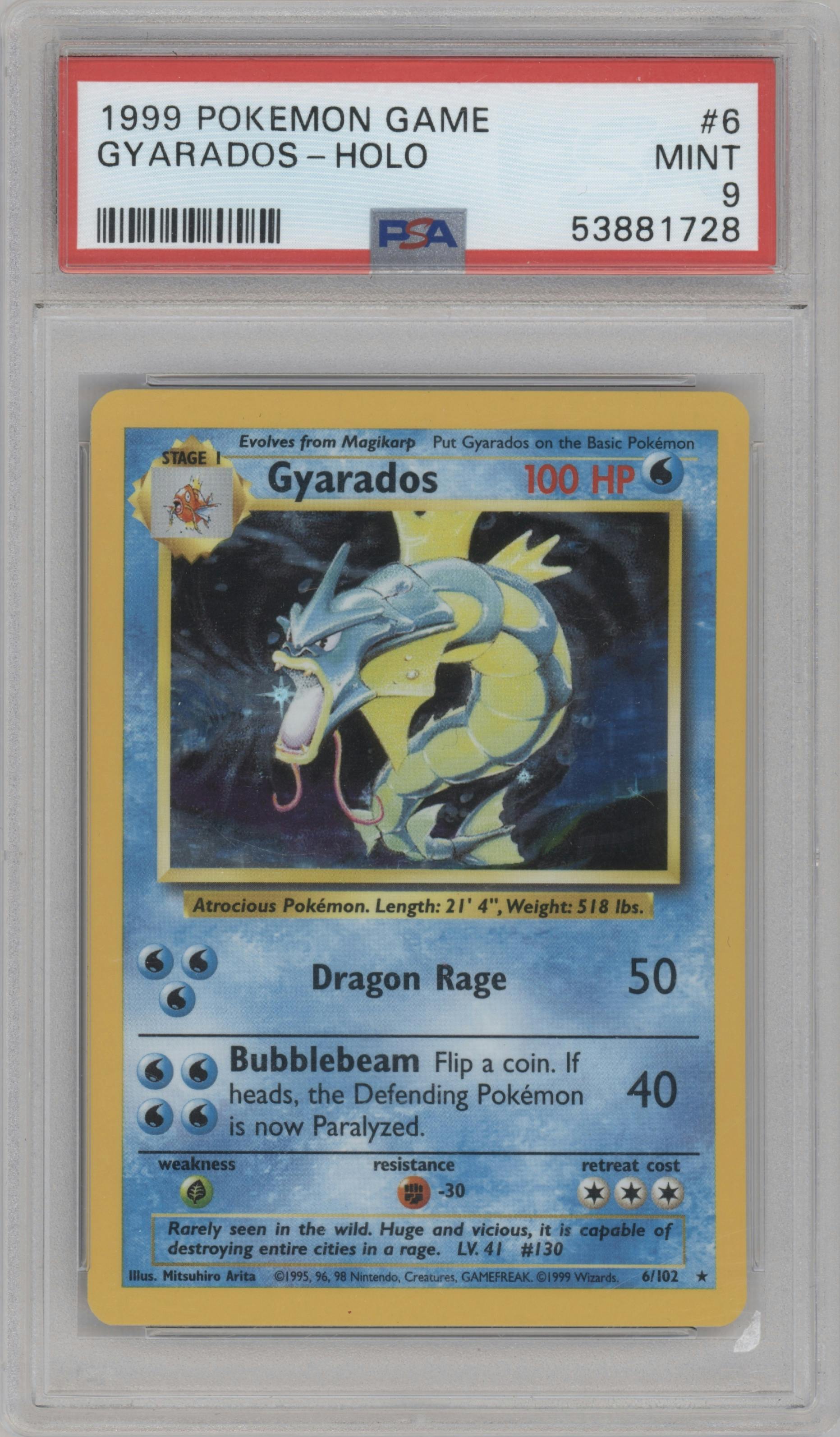 Gyarados from the 1999 Pokemon set graded by PSA and given an overall grade of 9.