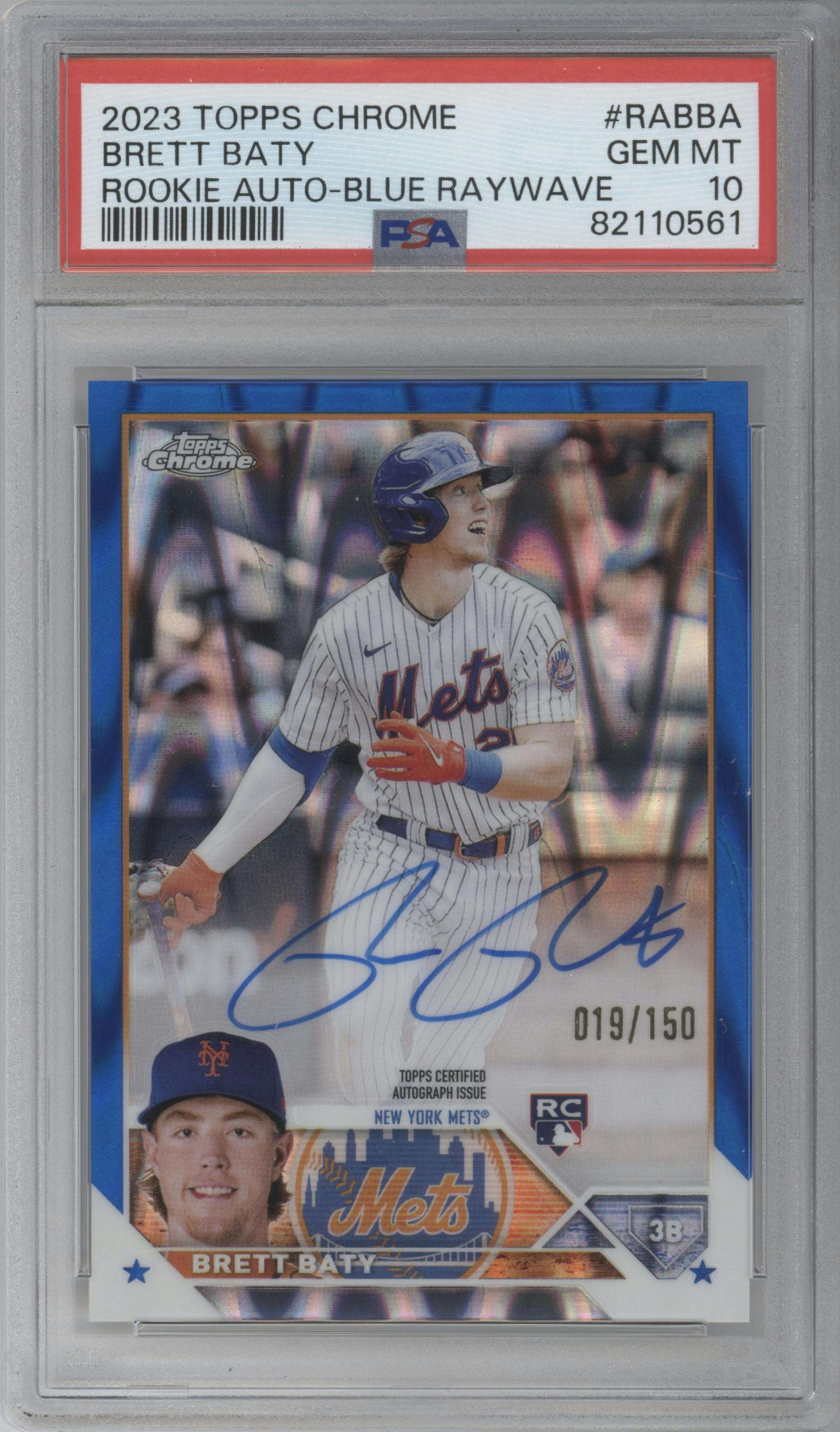 Brett Baty from the 2023 Topps Chrome set featuring a Blue RayWave Refractor parallel graded by PSA and given an overall grade of 10.