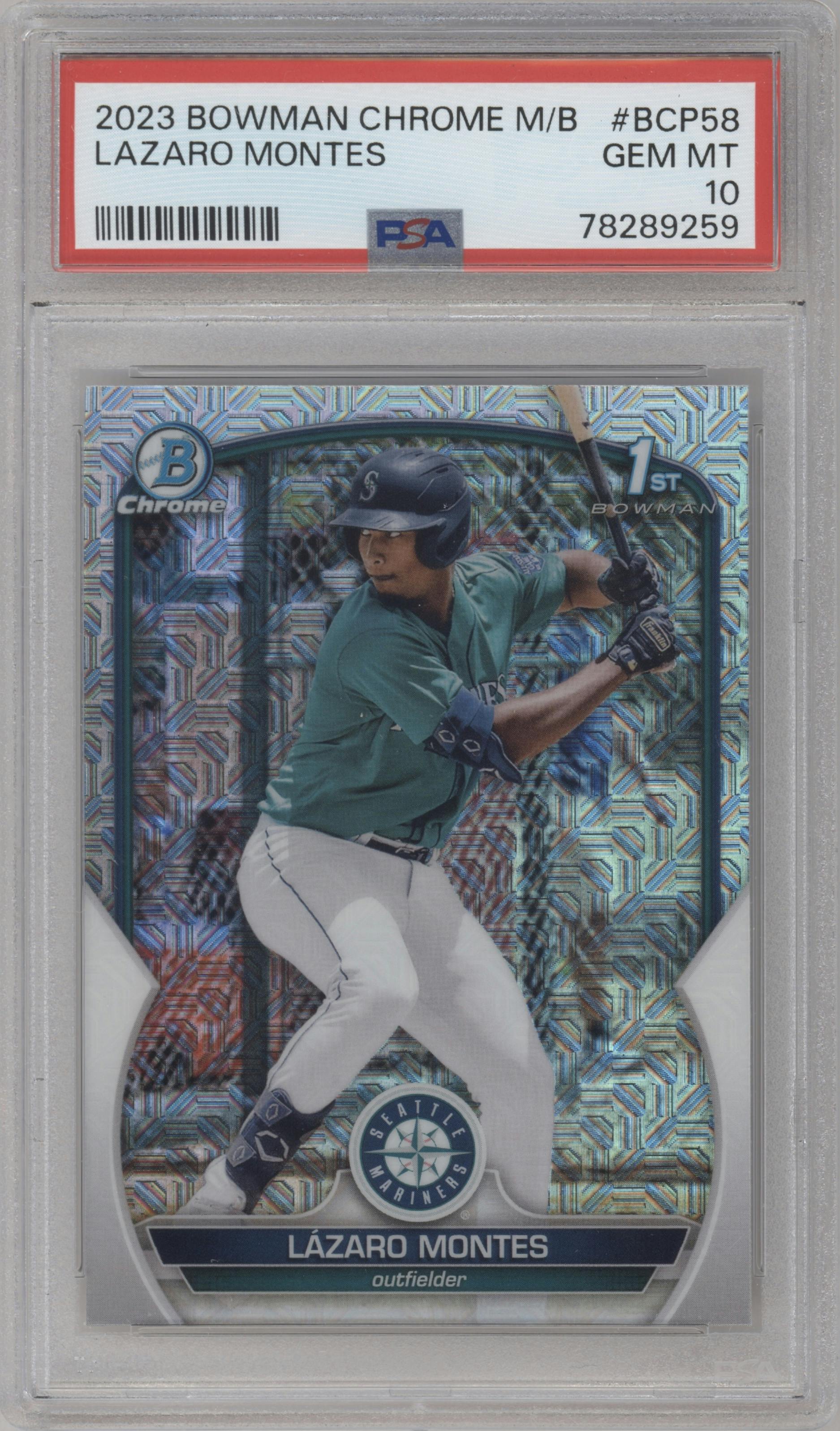 Lazaro Montes from the 2023 Bowman Mega Box set graded by PSA and given an overall grade of 10.