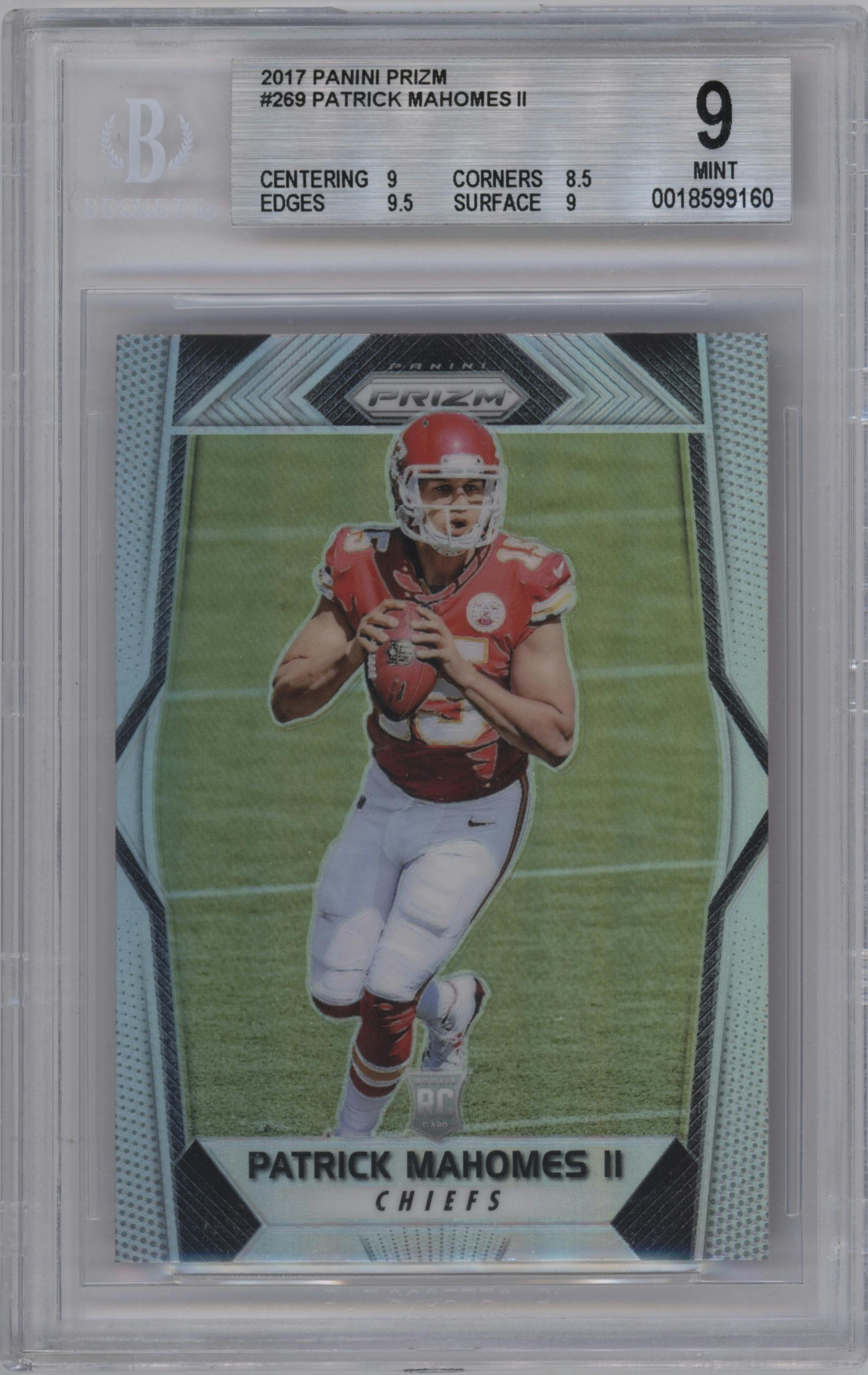 Patrick Mahomes II from the 2017 Panini Prizm set featuring a Prizm parallel graded by Beckett and given an overall grade of 9.