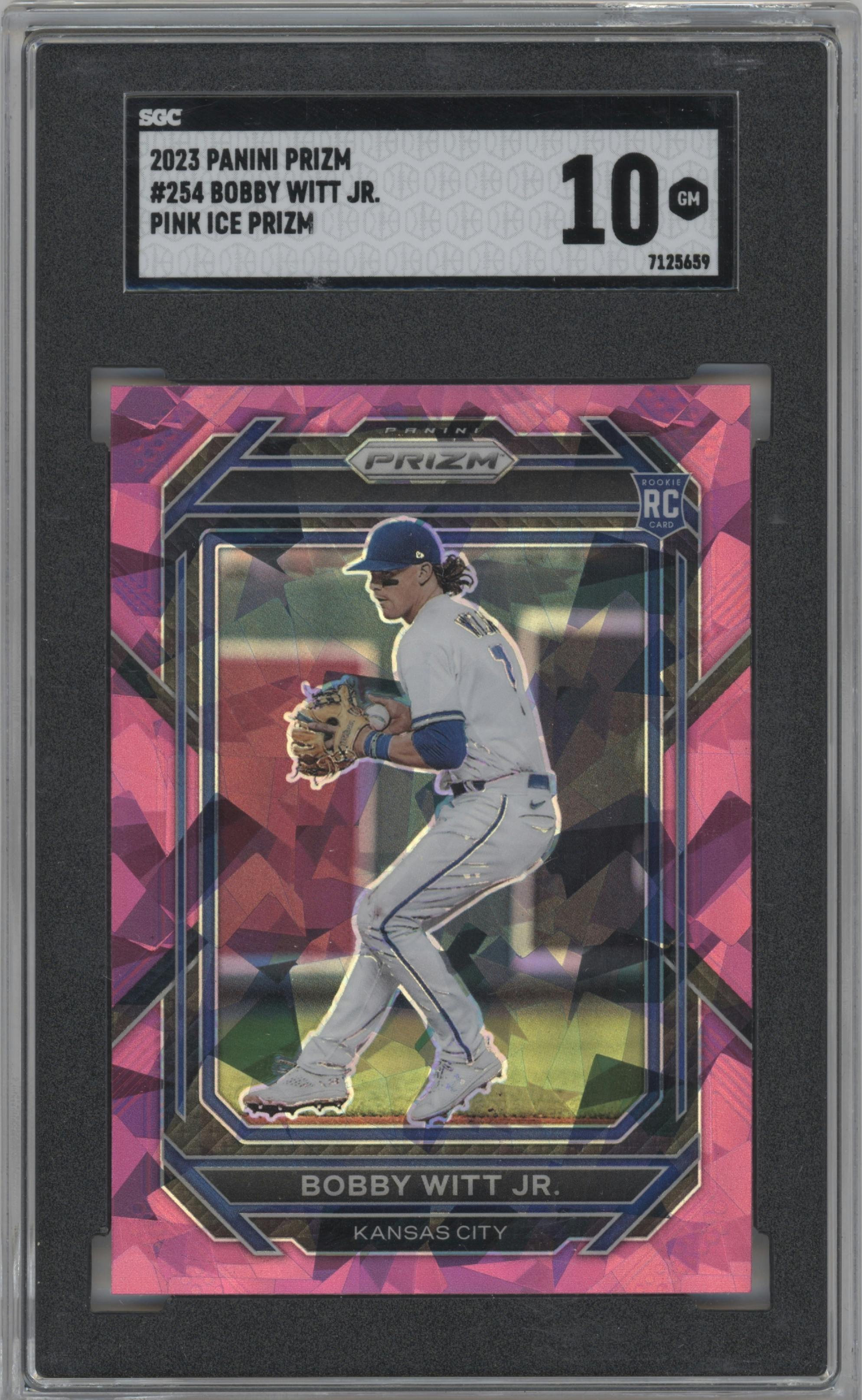 Bobby Witt Jr. from the 2023 Panini Prizm set featuring a Pink Ice  parallel graded by SGC and given an overall grade of 10.
