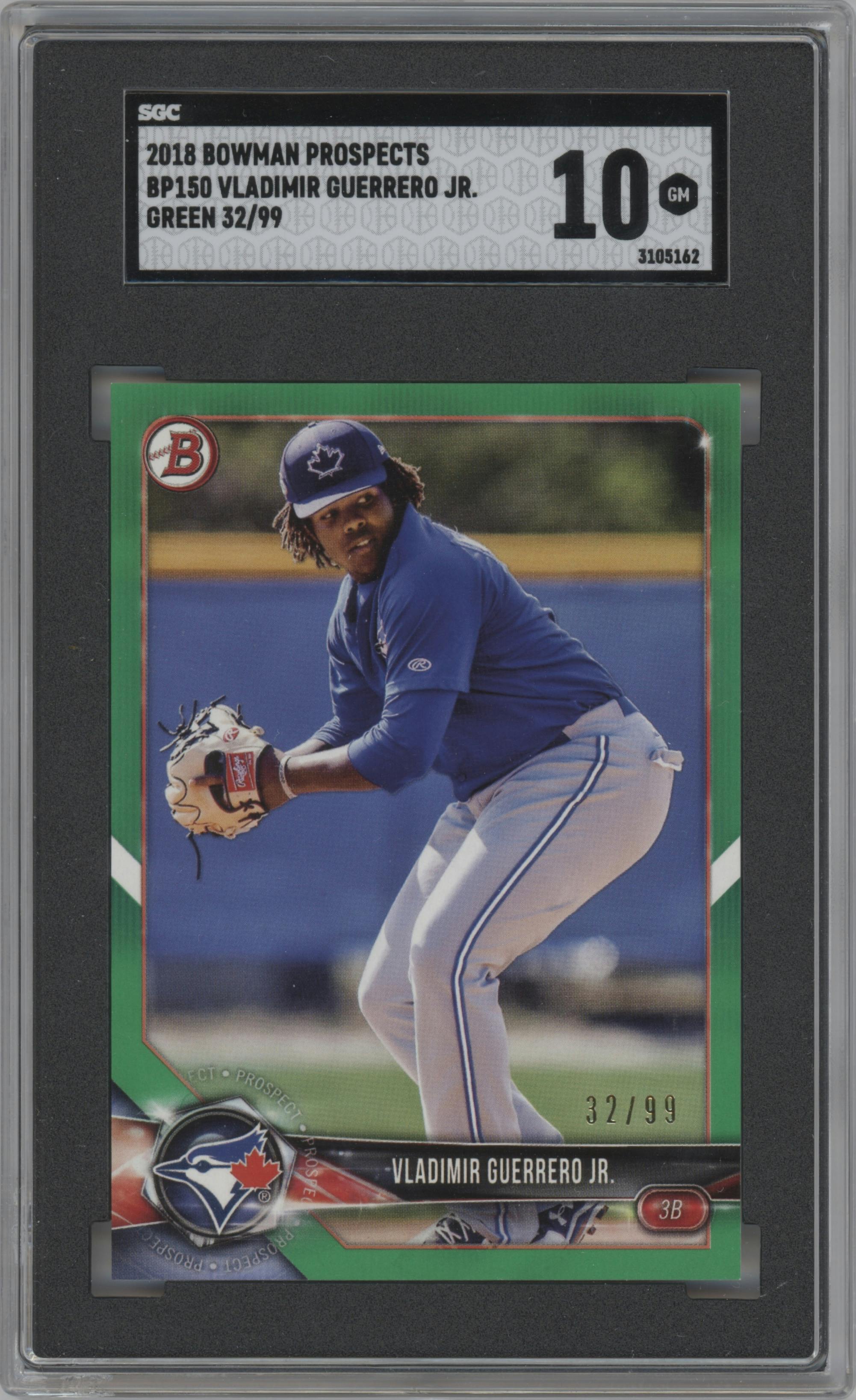 Vladimir Guerrero Jr. from the 2018 Bowman set featuring a Green parallel graded by SGC and given an overall grade of 10.