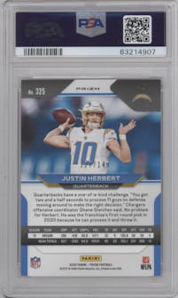 Justin Herbert from the 2020 Panini Prizm set featuring a Red Wave parallel graded by PSA and given an overall grade of 9.
