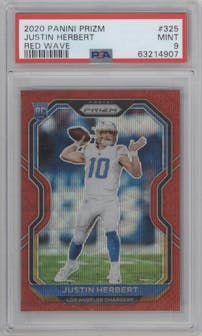 Justin Herbert from the 2020 Panini Prizm set featuring a Red Wave parallel graded by PSA and given an overall grade of 9.