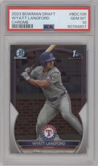 Wyatt Langford from the 2023 Bowman Draft set graded by PSA and given an overall grade of 10.