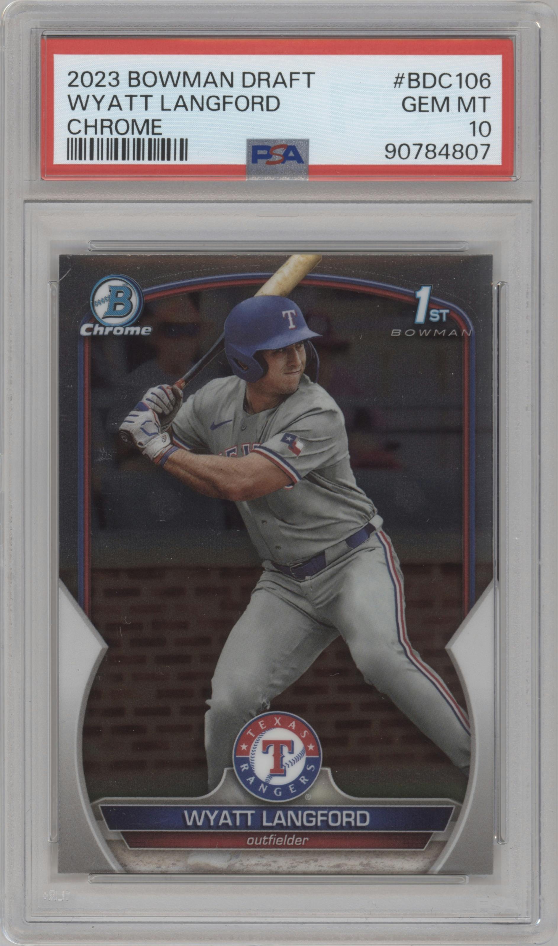 Wyatt Langford from the 2023 Bowman Draft set graded by PSA and given an overall grade of 10.