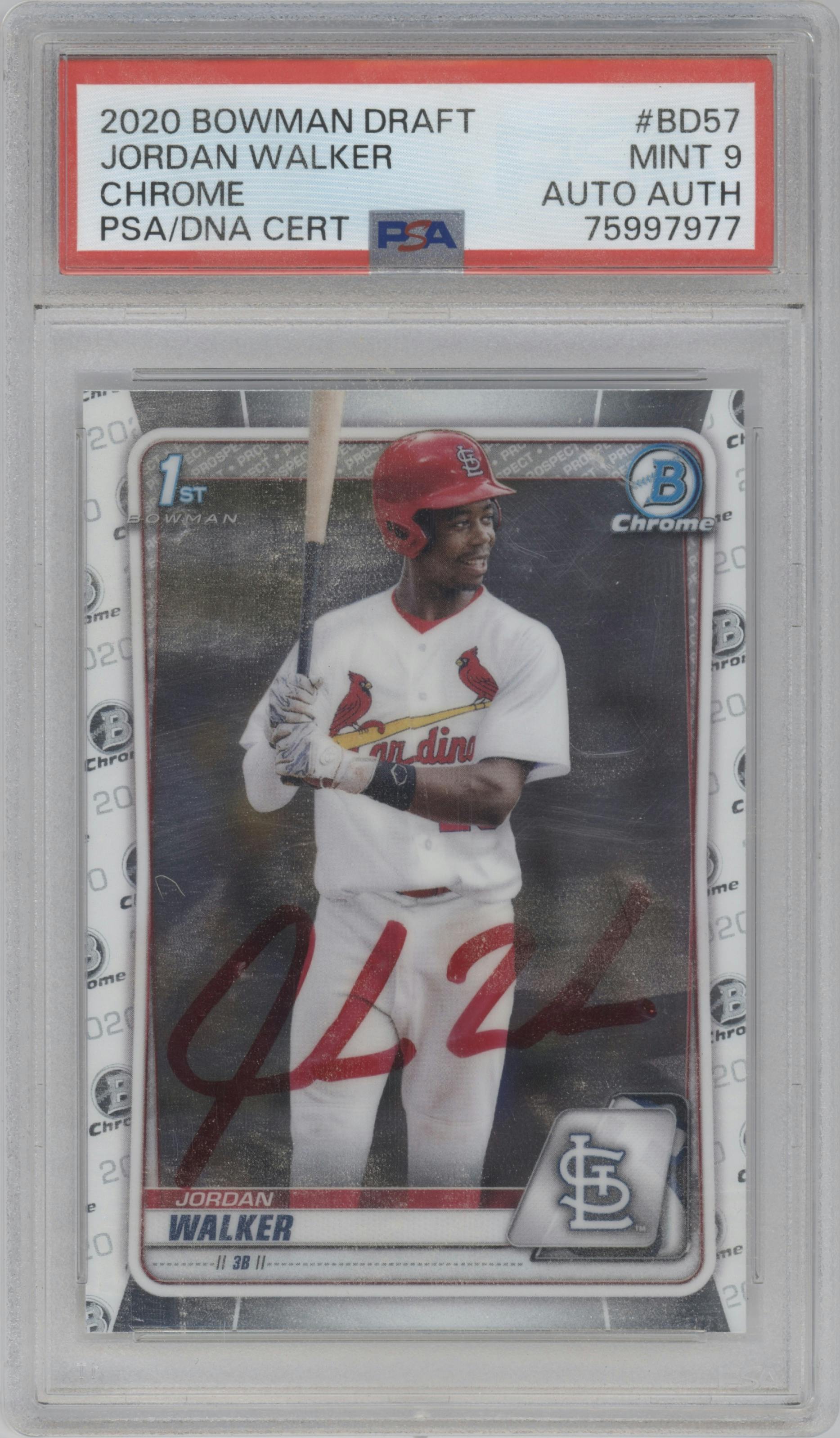 Jordan Walker from the 2020 Bowman Draft set graded by PSA and given an overall grade of 9.