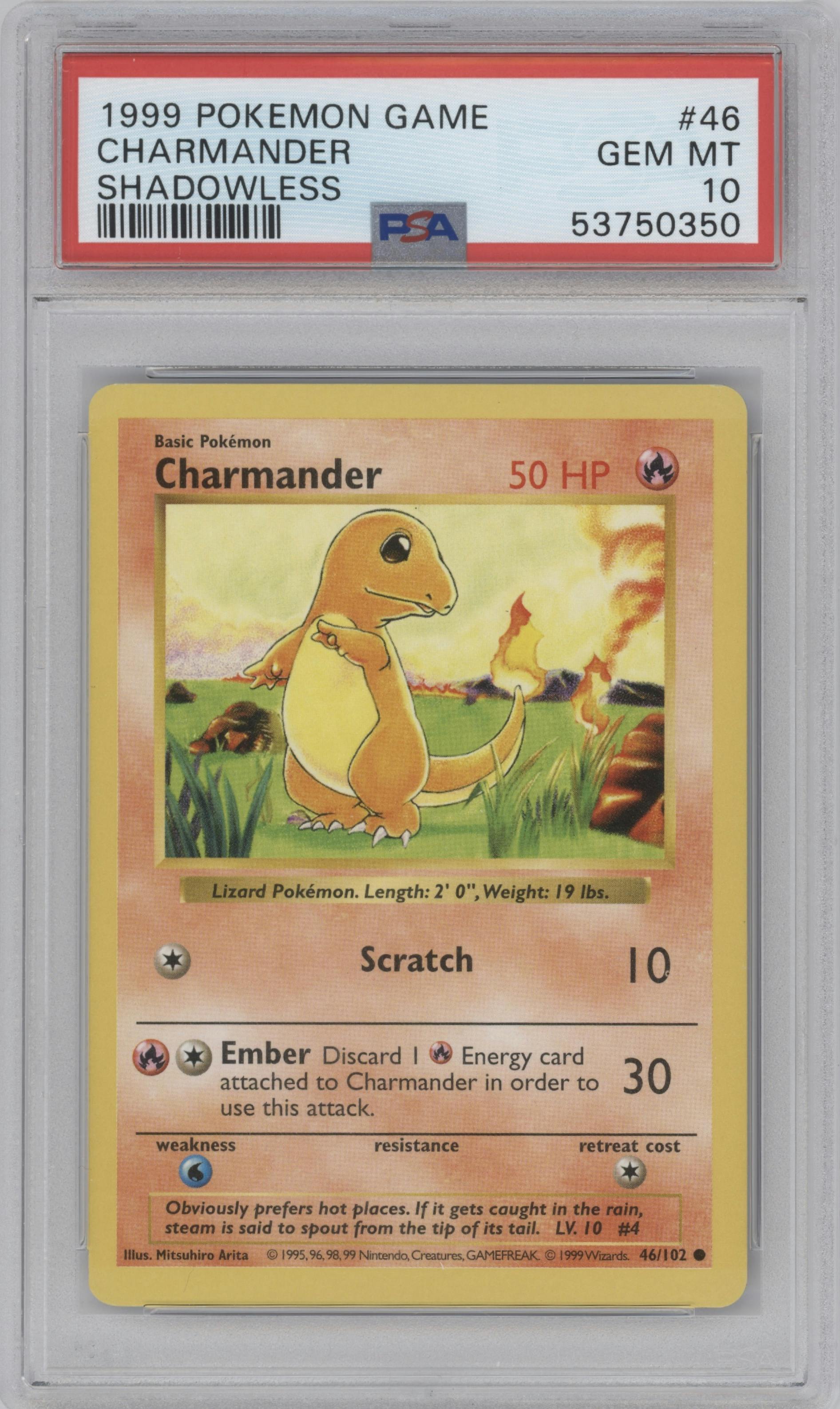Charmander from the 1999 Pokemon set graded by PSA and given an overall grade of 10.