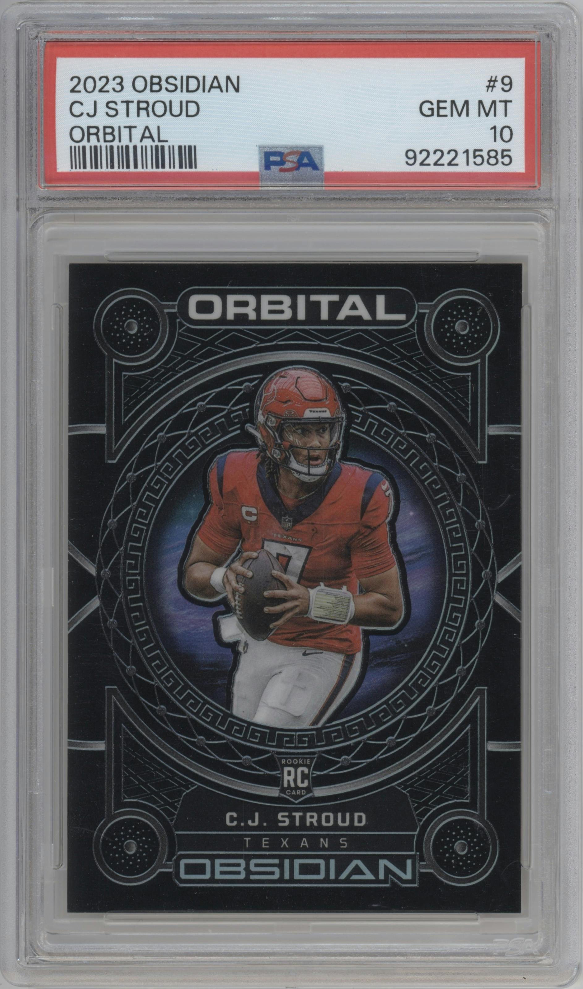 C.J. Stroud from the 2023 Panini Obsidian set graded by PSA and given an overall grade of 10.