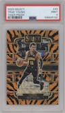 Trae Young from the 2023-24 Panini Select  set featuring a Tiger parallel graded by PSA and given an overall grade of 9.