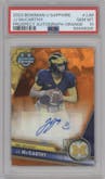 JJ McCarthy from the 2023 Bowman Chrome University Sapphire Edition set featuring a Orange  parallel graded by PSA and given an overall grade of 10.