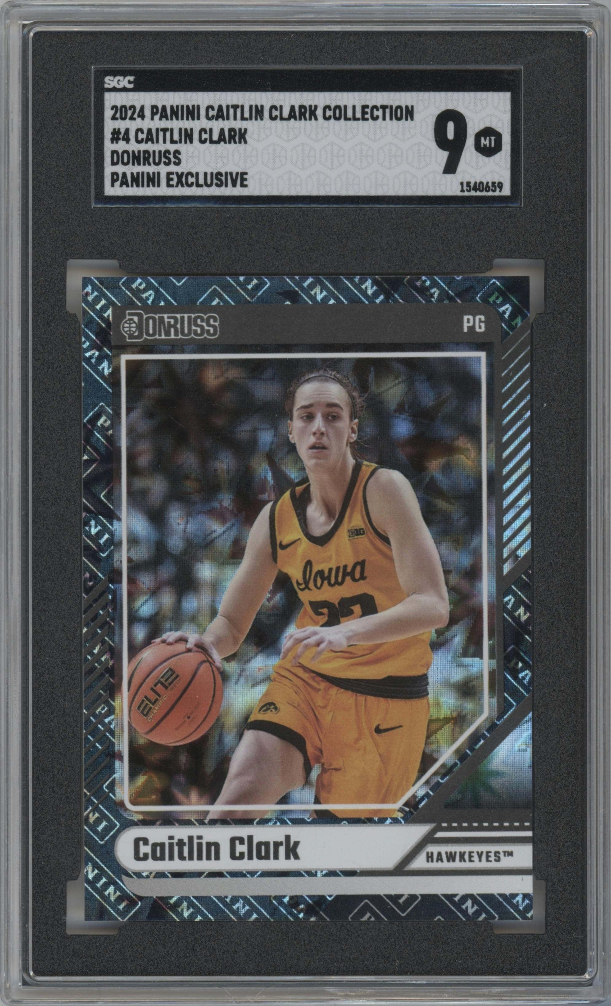 Caitlin Clark from the 2024 Panini Caitlin Clark Collection set featuring a Panini parallel graded by SGC and given an overall grade of 9.