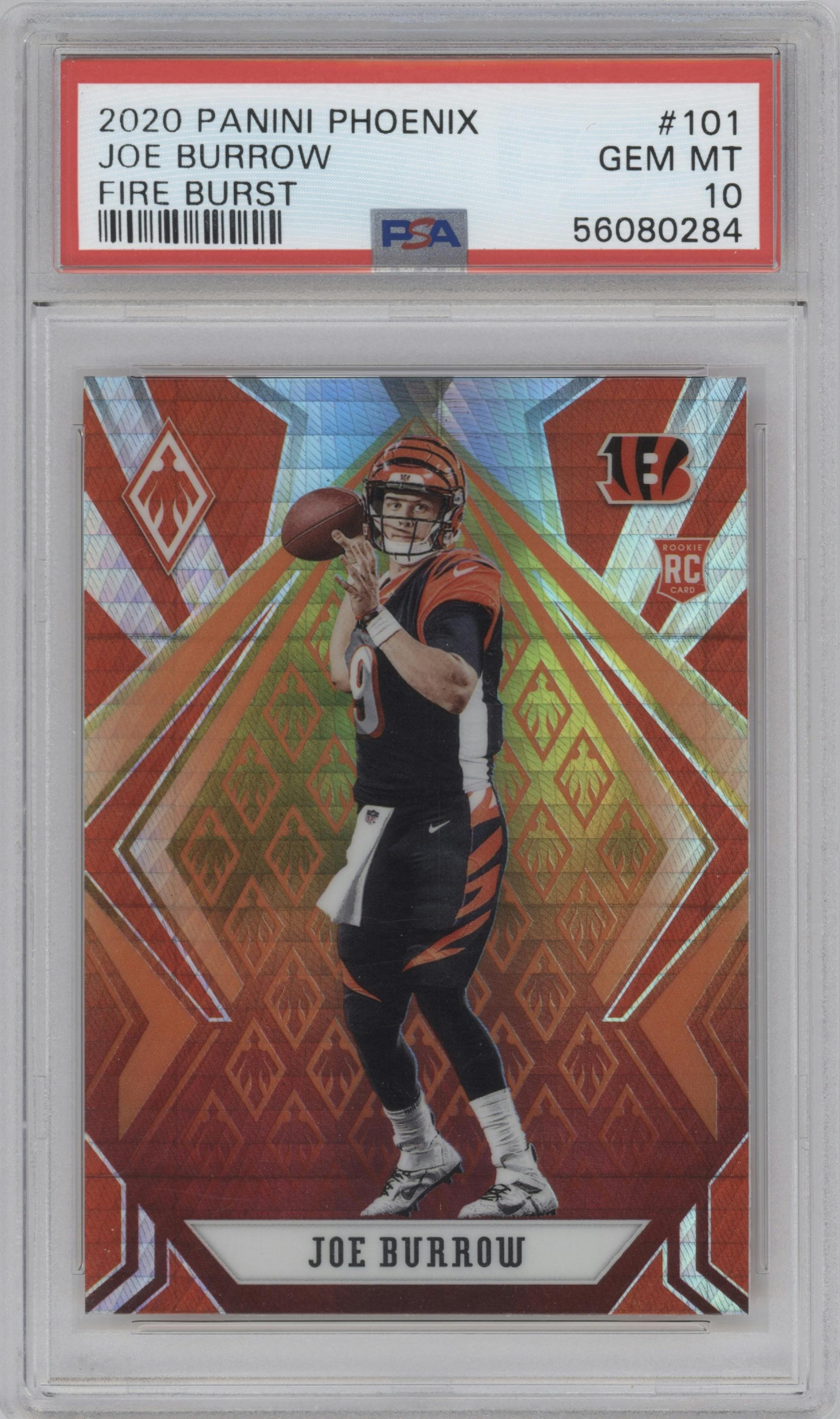 Joe Burrow from the 2020 Panini Phoenix set featuring a Fire Burst parallel graded by PSA and given an overall grade of 10.