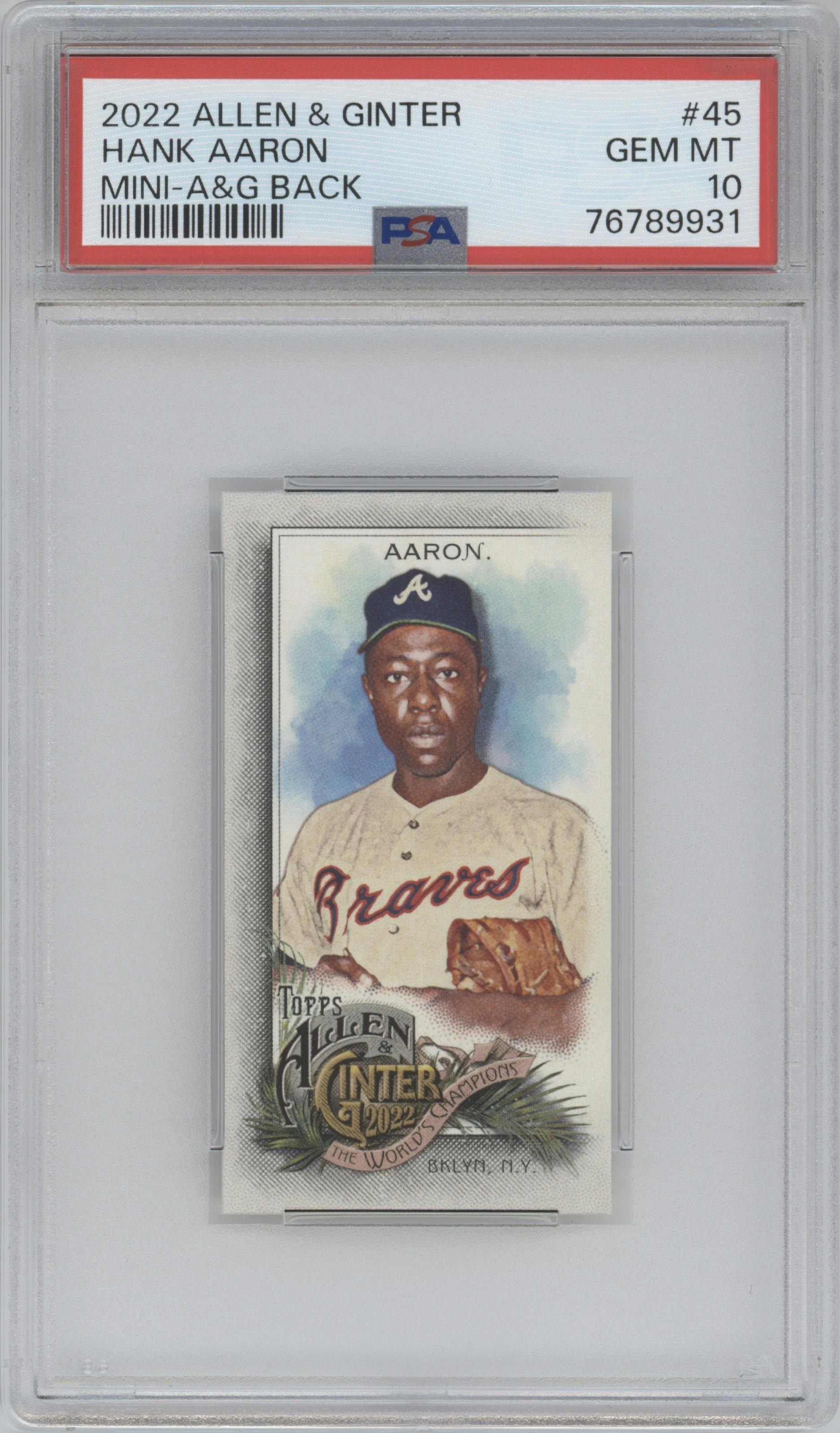 Hank Aaron from the 2022 Topps Allen & Ginter set featuring a A&G Back parallel graded by PSA and given an overall grade of 10.