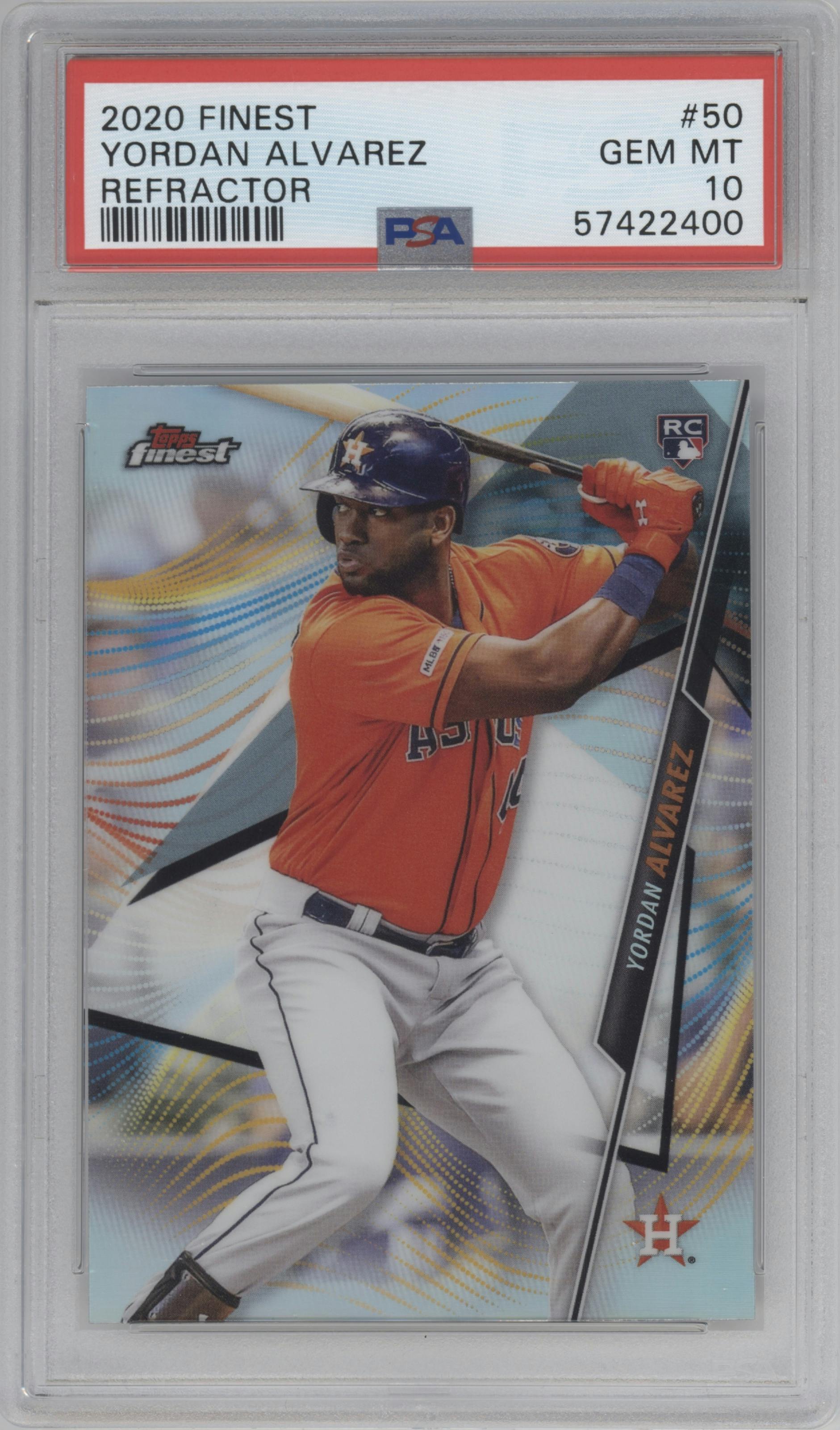 Yordan Alvarez from the 2020 Topps Finest set featuring a Refractor  parallel graded by PSA and given an overall grade of 10.