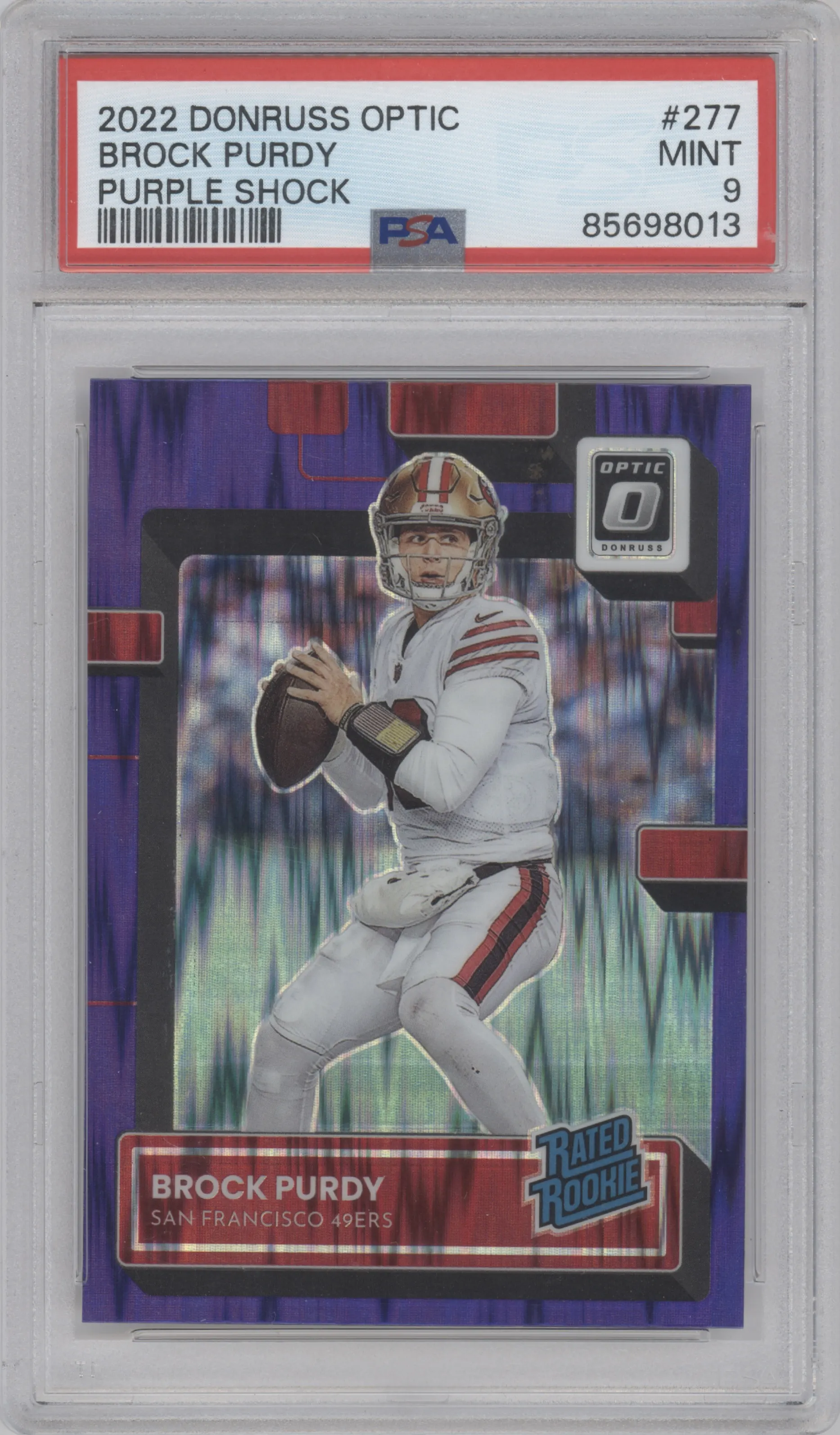 2022 Panini Donruss Optic Rated Rookie Brock Purdy Purple Shock PSA 9