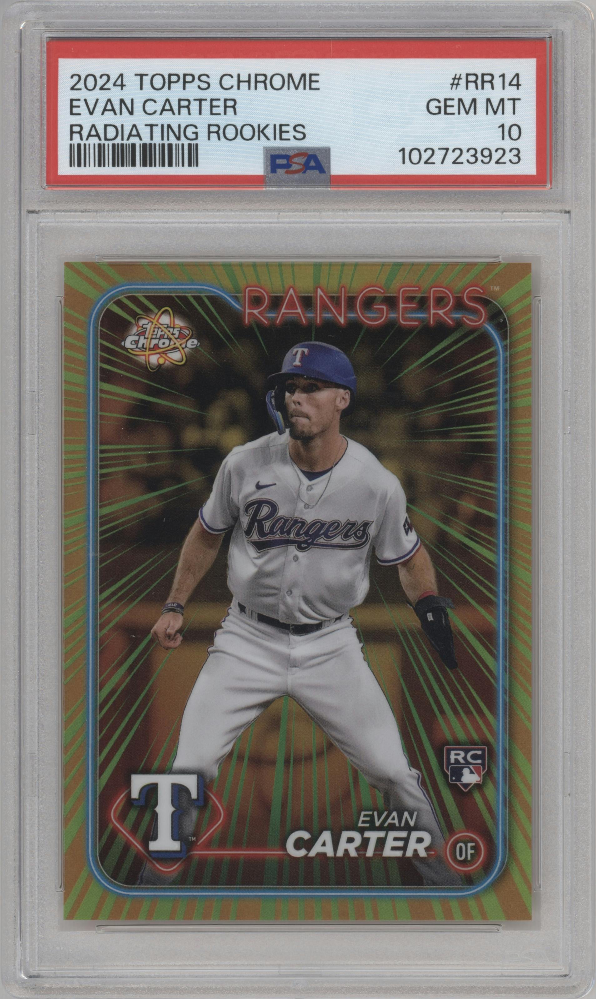Evan Carter from the 2024 Topps Chrome set graded by PSA and given an overall grade of 10.