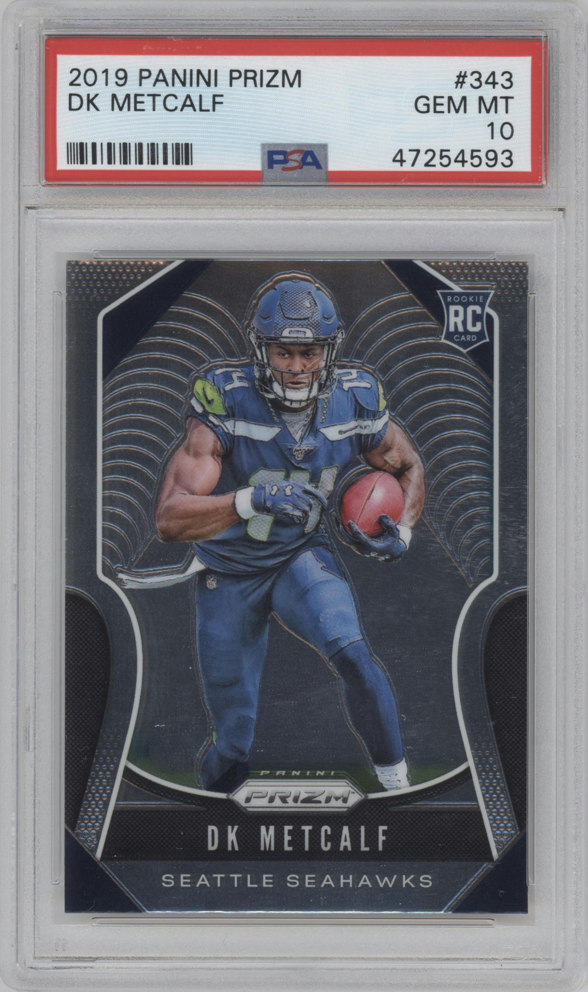 DK Metcalf from the 2019 Panini Prizm set graded by PSA and given an overall grade of 10.