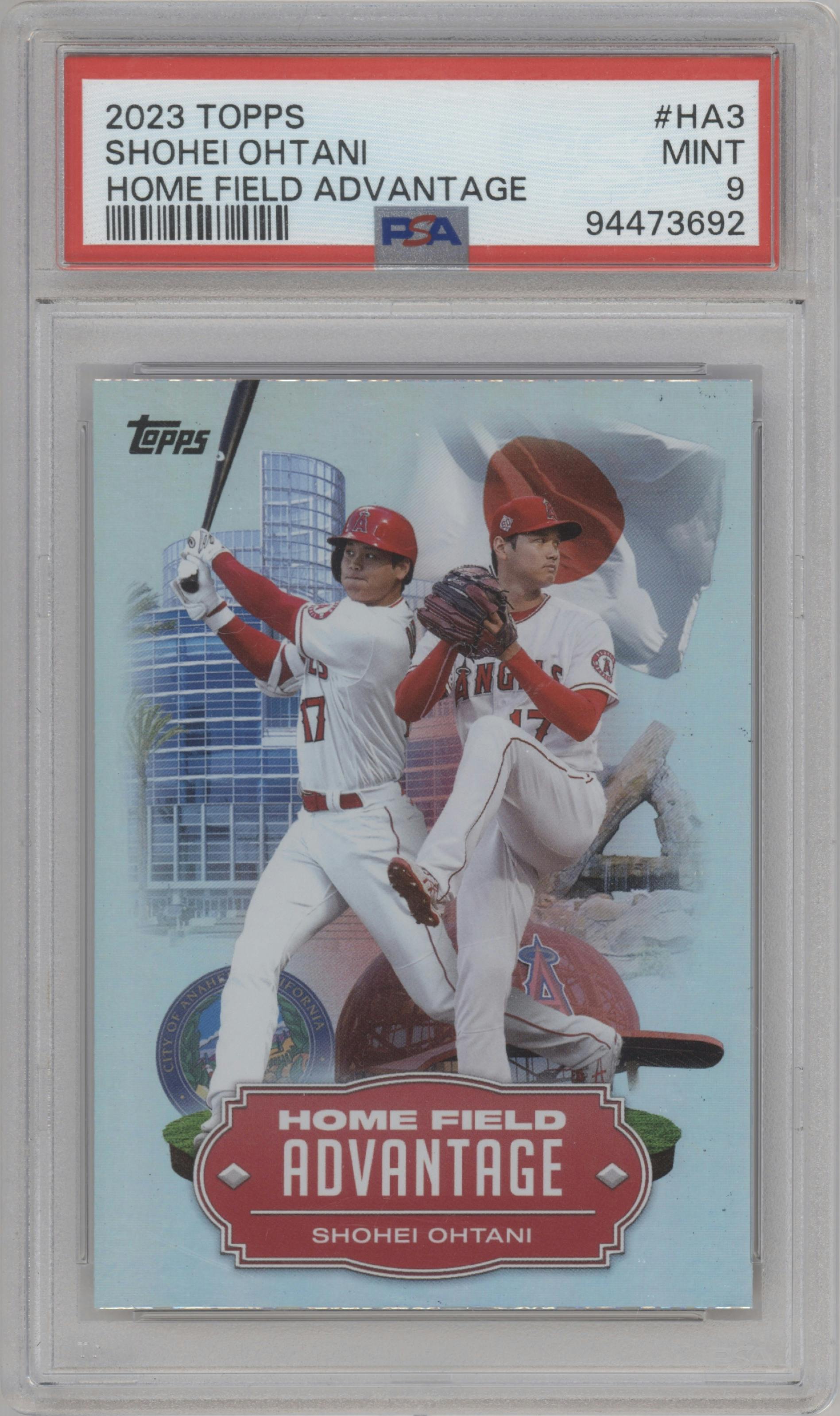 Shohei Ohtani from the 2023 Topps Series 1 set graded by PSA and given an overall grade of 9.