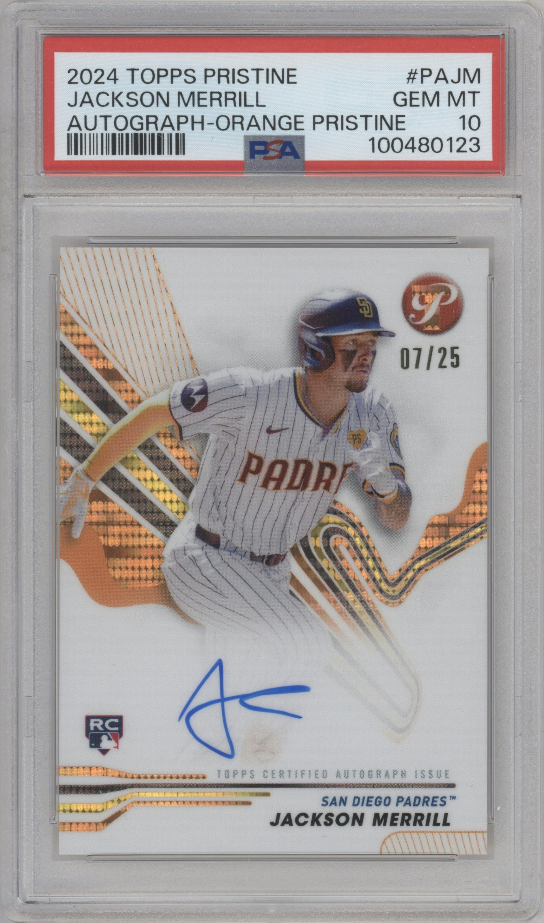 Jackson Merrill from the 2024 Topps Pristine set featuring a Orange Pristine Refractor parallel graded by PSA and given an overall grade of 10.