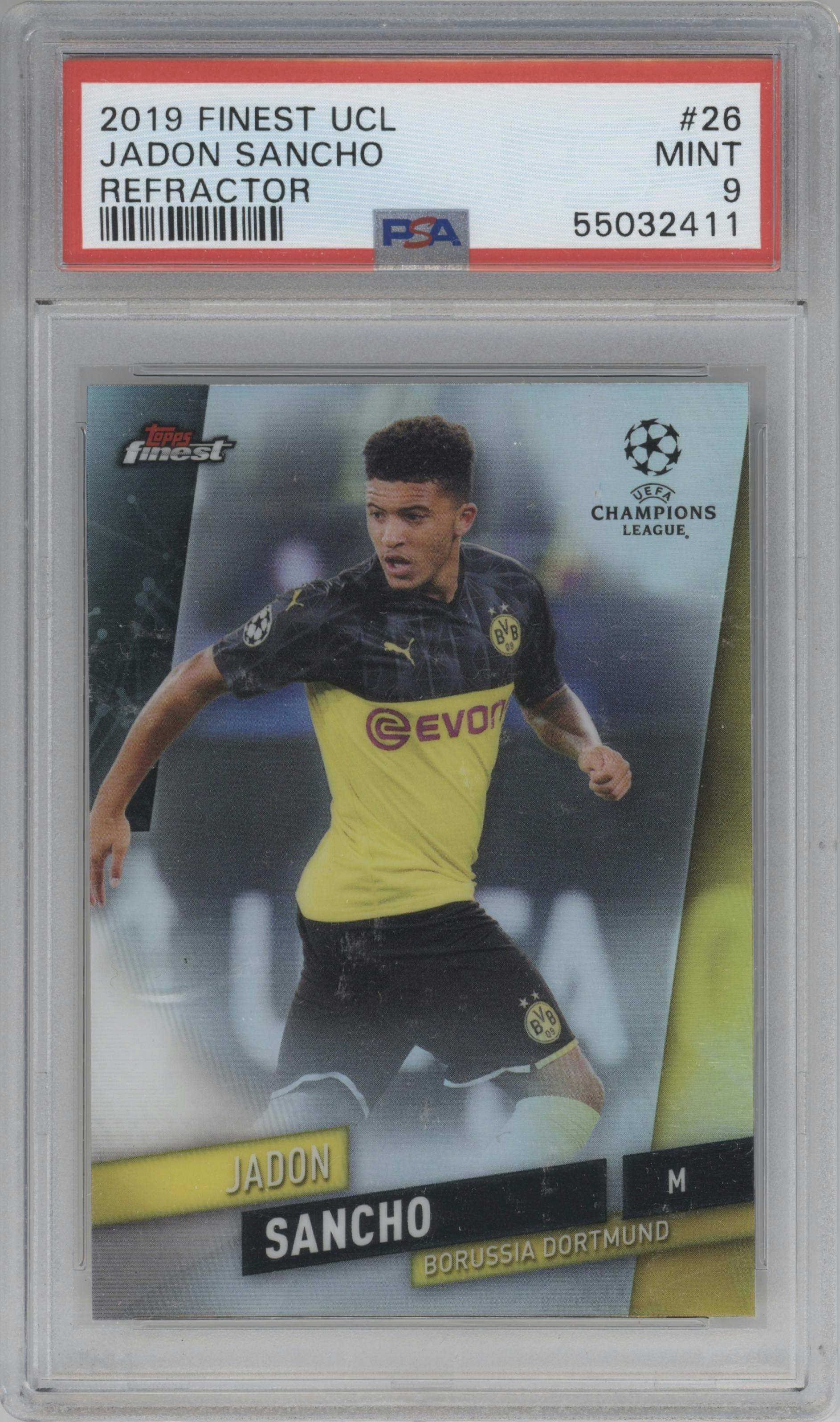Jadon Sancho from the 2019-20 Topps Finest UEFA Champions League set featuring a Refractor parallel graded by PSA and given an overall grade of 9.