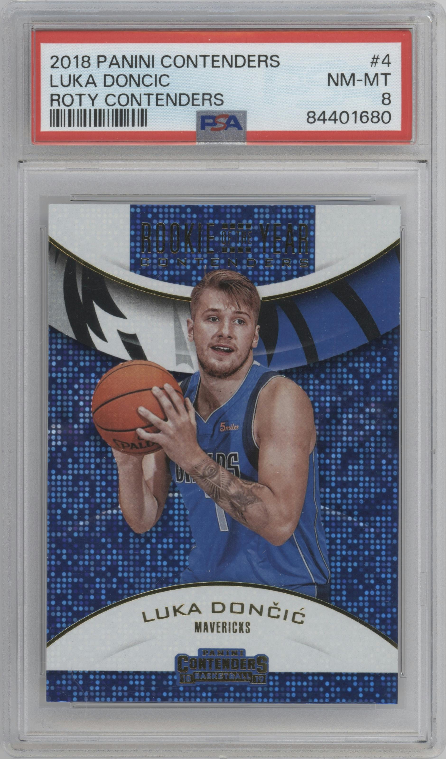 Luka Doncic from the 2018-19 Panini Contenders set graded by PSA and given an overall grade of 8.