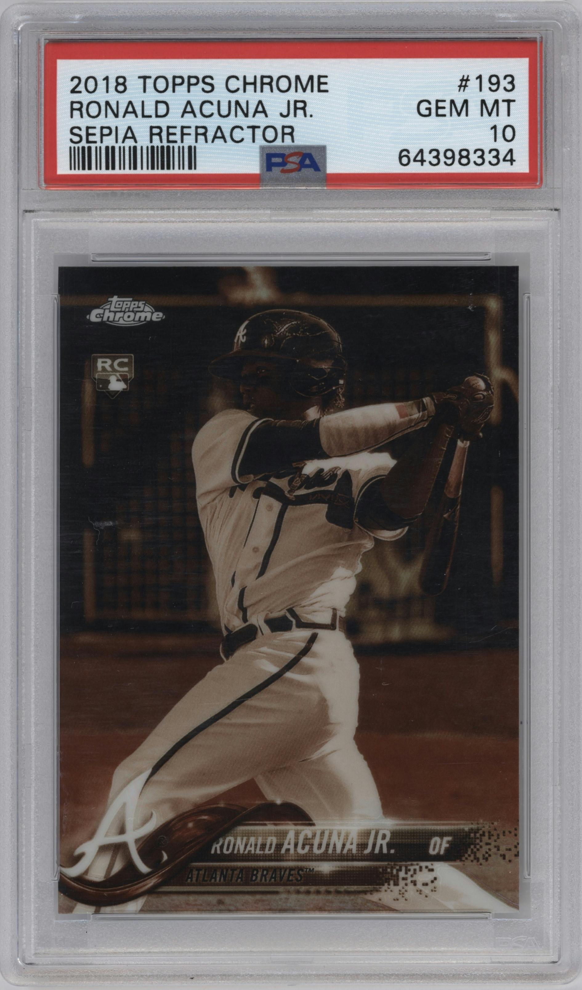 Ronald Acuna Jr. from the 2018 Topps Chrome set featuring a Sepia Refractor parallel graded by PSA and given an overall grade of 10.