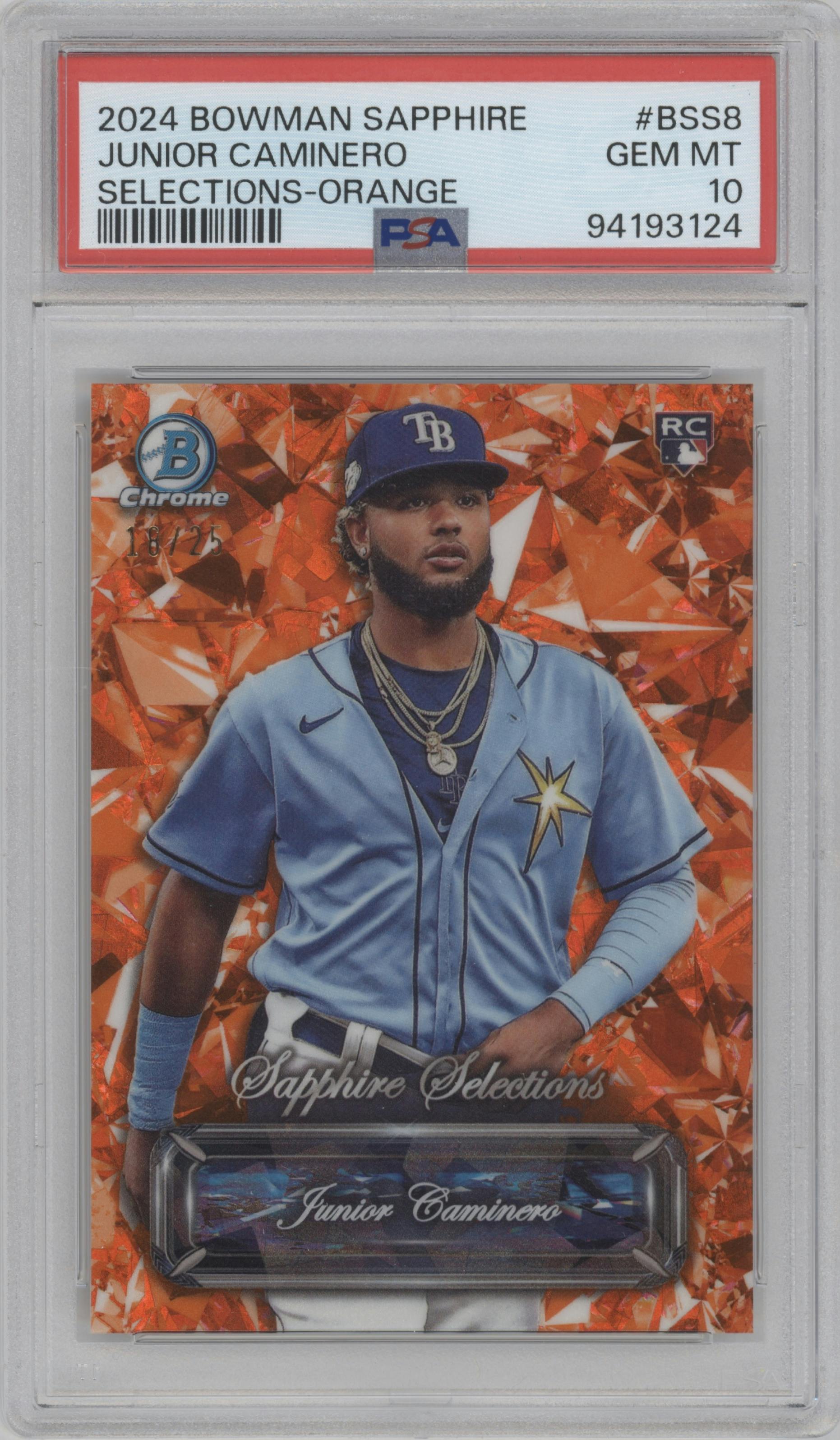 Junior Caminero  from the 2024 Bowman Sapphire Edition set featuring a Orange Refractor parallel graded by PSA and given an overall grade of 10.