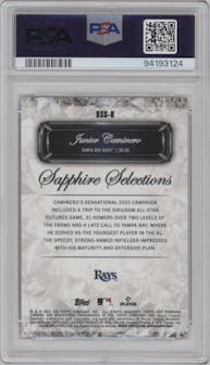 Junior Caminero  from the 2024 Bowman Sapphire Edition set featuring a Orange Refractor parallel graded by PSA and given an overall grade of 10.