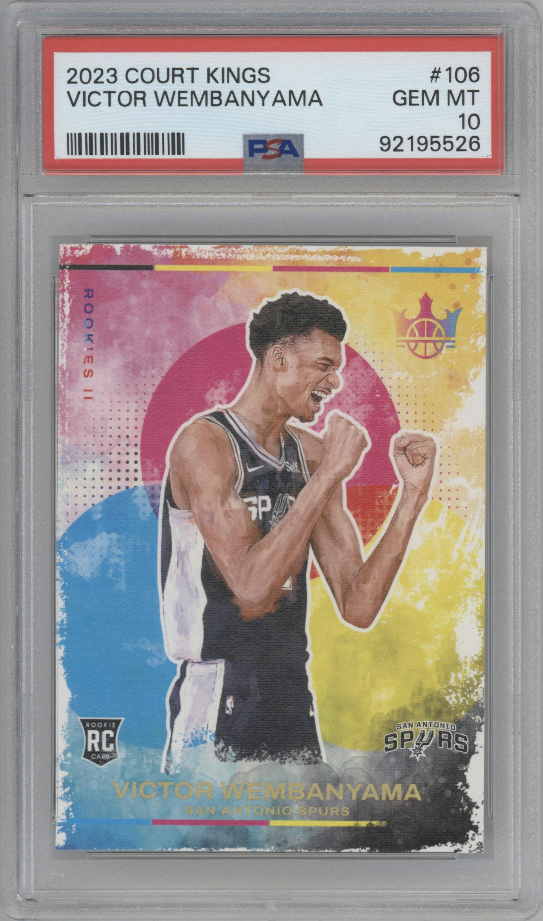 Victor Wembanyama from the 2023-24 Panini Court Kings set graded by PSA and given an overall grade of 10.