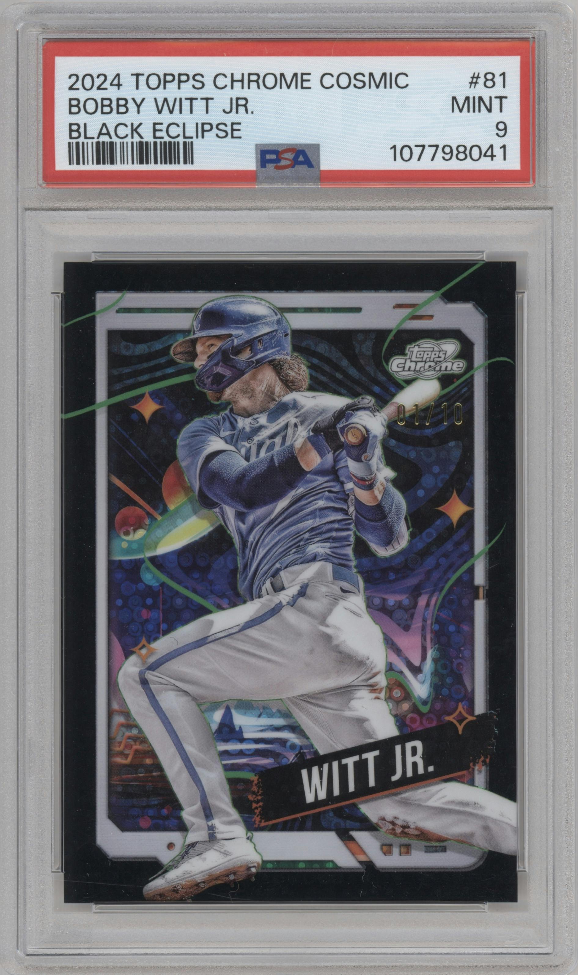 Bobby Witt Jr. from the 2024 Topps Cosmic Chrome set featuring a Black Eclipse Refractor parallel graded by PSA and given an overall grade of 9.