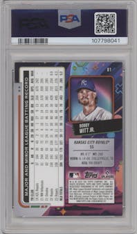 Bobby Witt Jr. from the 2024 Topps Cosmic Chrome set featuring a Black Eclipse Refractor parallel graded by PSA and given an overall grade of 9.