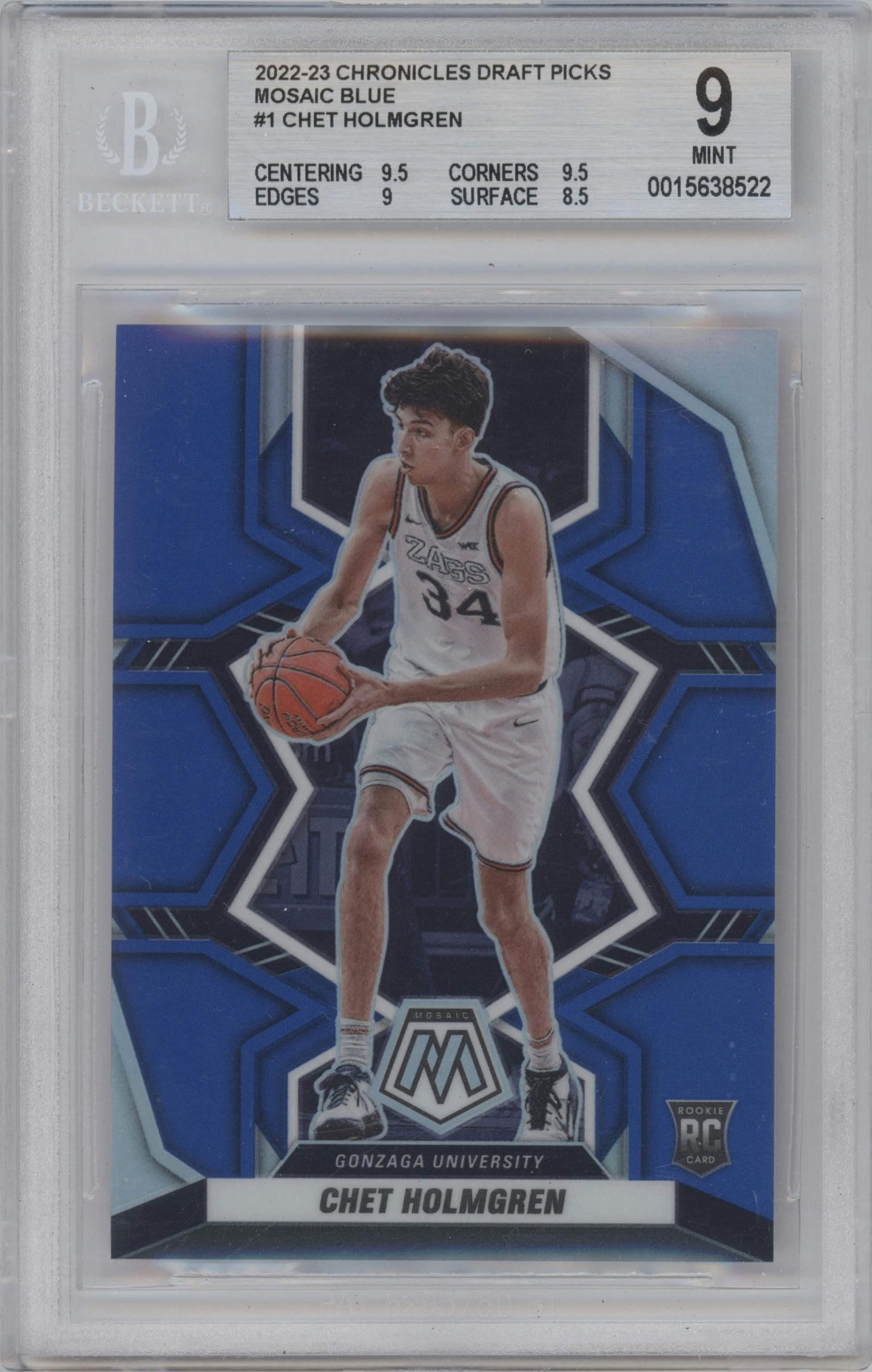 Chet Holmgren from the 2022-23 Panini Chronicles Draft Picks set featuring a Blue parallel graded by Beckett and given an overall grade of 9.