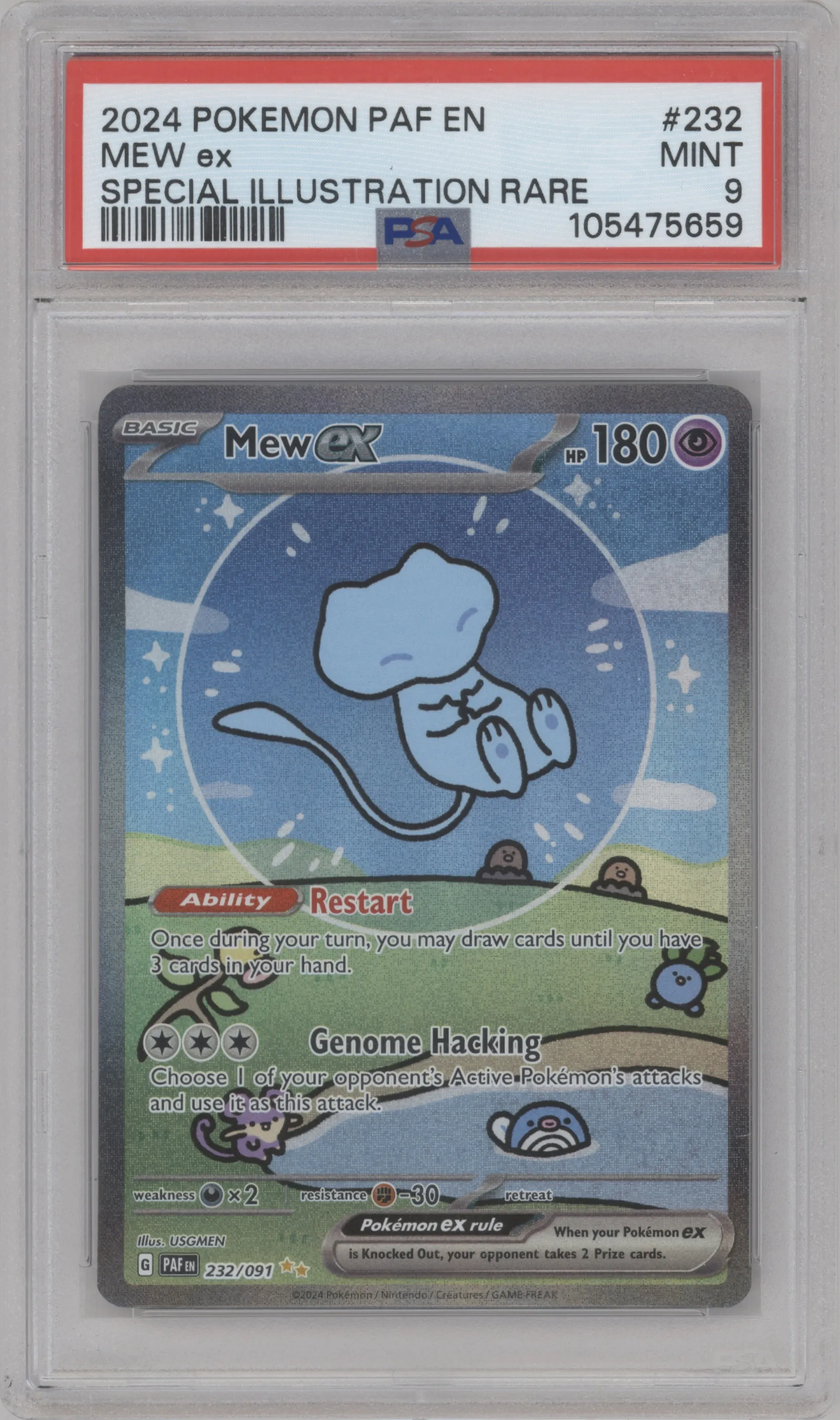 Mew ex from the 2024 Pokemon SV set graded by PSA and given an overall grade of 9.