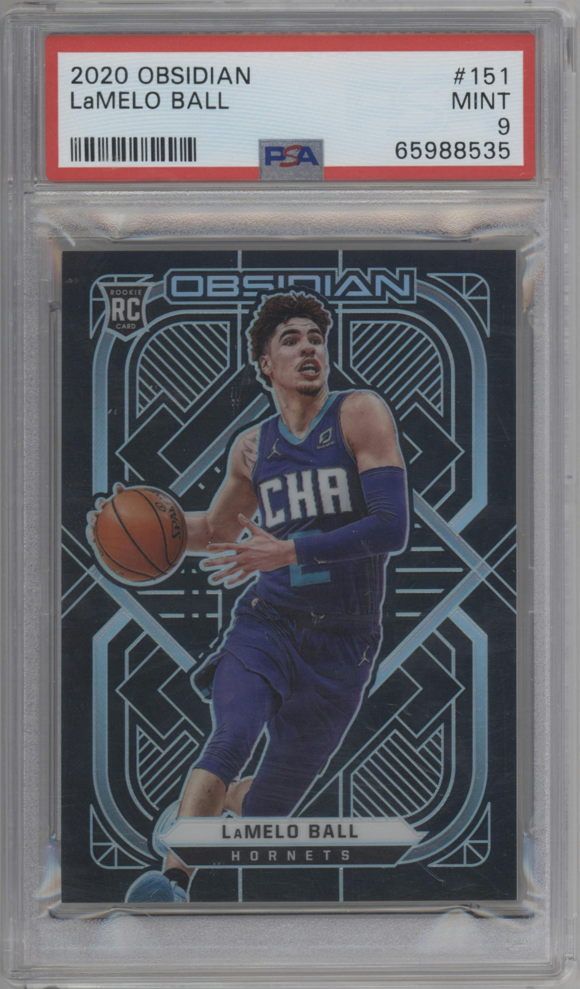 LaMelo Ball from the 2020-21 Panini Obsidian set graded by PSA and given an overall grade of 9.