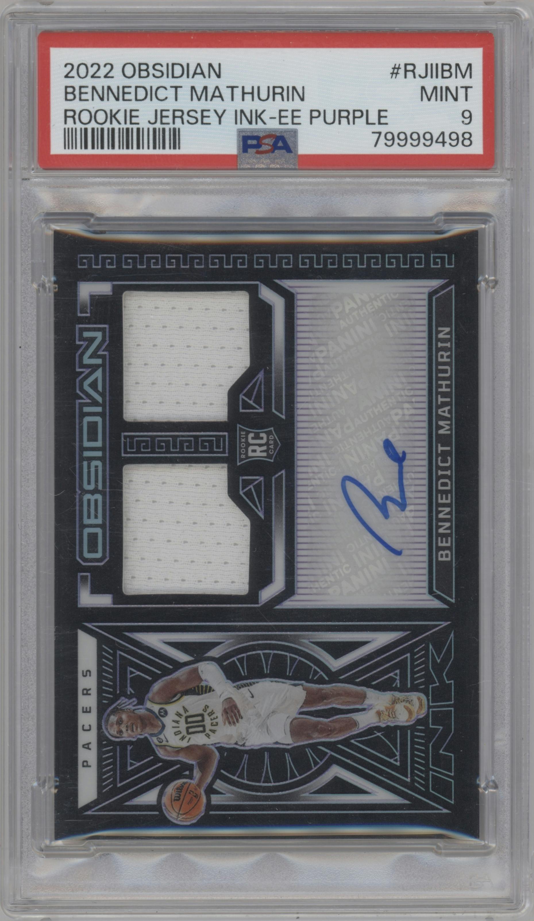 Bennedict Mathurin from the 2022-23 Panini Obsidian set featuring a Electric Etch Purple parallel graded by PSA and given an overall grade of 9.