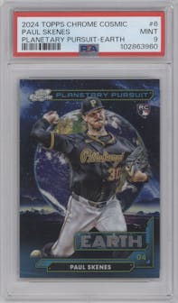 Paul Skenes from the 2024 Topps Cosmic Chrome set graded by PSA and given an overall grade of 9.
