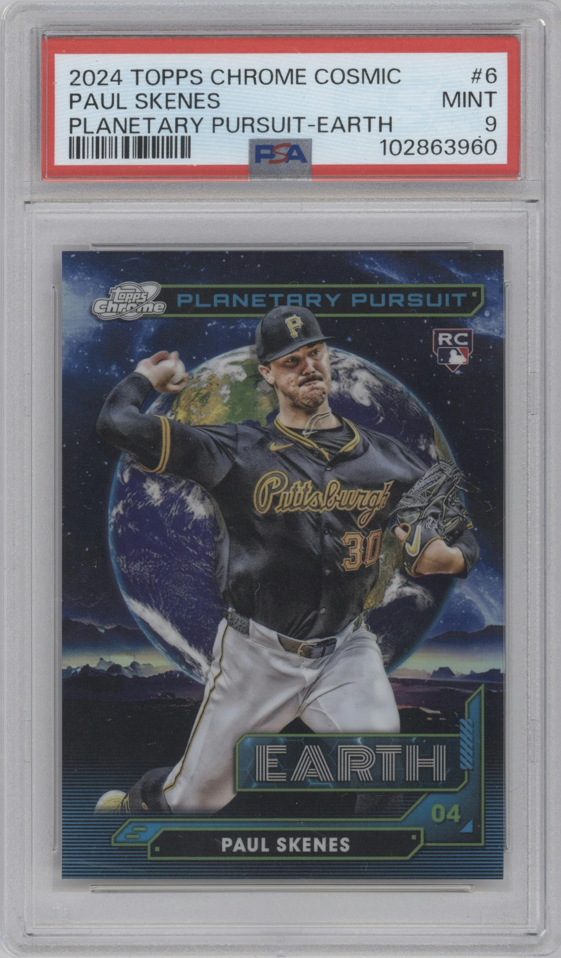 Paul Skenes from the 2024 Topps Cosmic Chrome set graded by PSA and given an overall grade of 9.